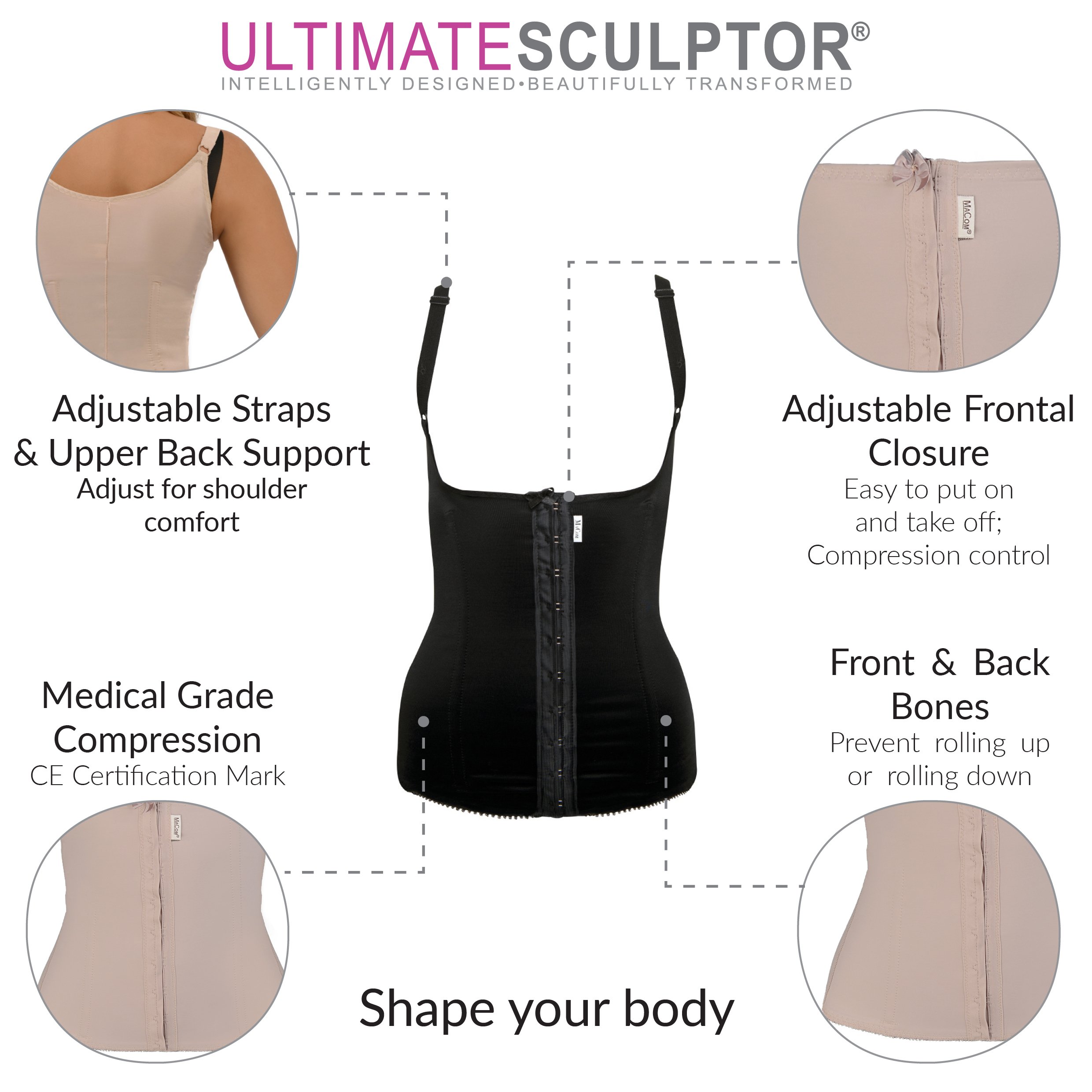 Macom ULTIMATESCULPTOR Women's Underbust Corset - Waist Trainer for Body Shaping with Upper Back Support & Steel Bones, Latex-Free | Perfect for Waist Training, Cosplay, Burlesque & Special Occasions