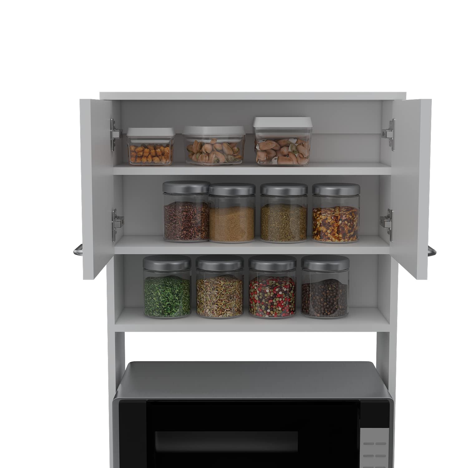 White Modern Kitchen Pantry Cabinet with 2 Double Doors, Drawer & 2 Open Shelves - 4 Sturdy Metal Legs for Bay Area Homes | Perfect for Small Kitchens, Apartments & Dining Room Storage