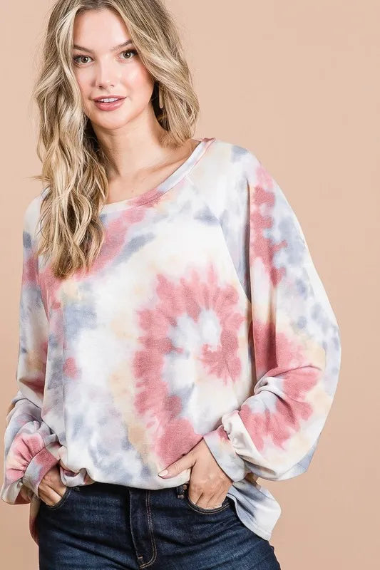 BiBi Tie Dye Print Terry Top With Puff Sleeves | Women's Fashion Casual Shirt | Perfect for Summer Outfits, Beach Wear & Music Festivals