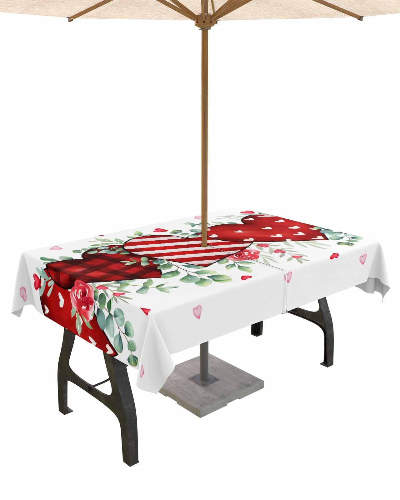 Valentine's Day Waterproof Outdoor Tablecloth with Umbrella Hole & Zipper - 60x84 Inch Rectangle Red Heart Eucalyptus Leaf Design - Perfect for Picnics, Parties, and Patio Dining