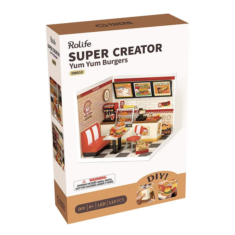 Rolife Yum Yum Burgers DIY Plastic Miniature House Kit - Creative Mini Burger Shop Model for Home Decor, Gift & Collectibles | Perfect for Craft Lovers, Miniature Enthusiasts & Room Decoration