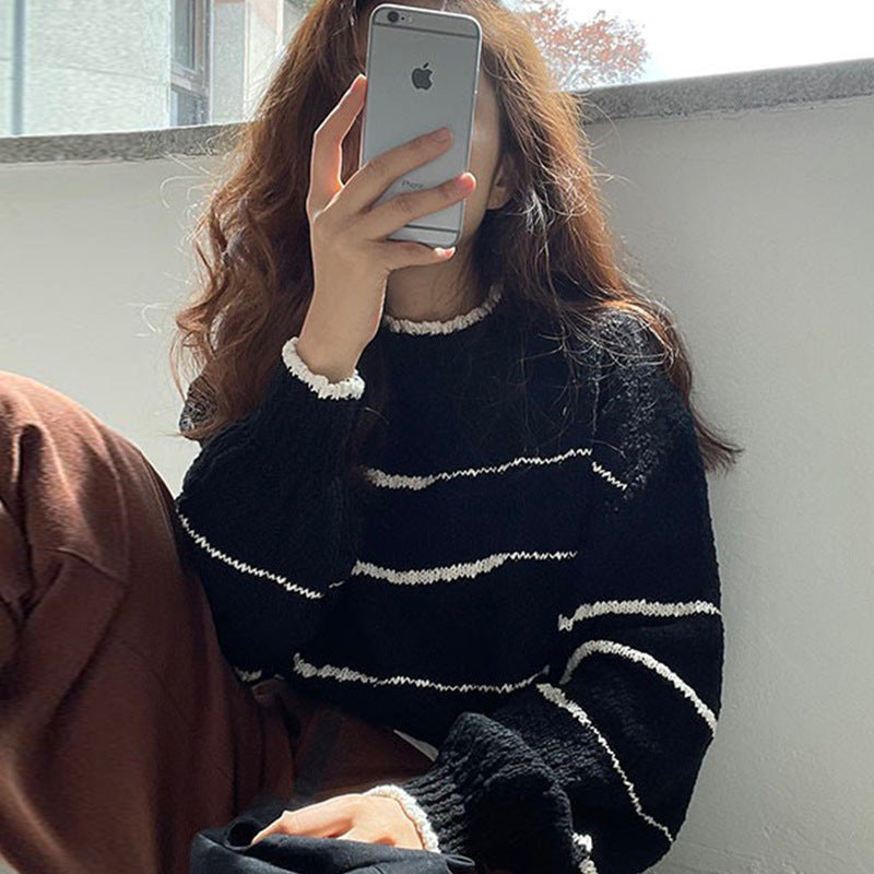 Cozy Striped Pullover Sweater for Women - Loose Casual Long Sleeve Winter Knitwear | Perfect for Autumn Layering, Lounge Wear & Coffee Dates