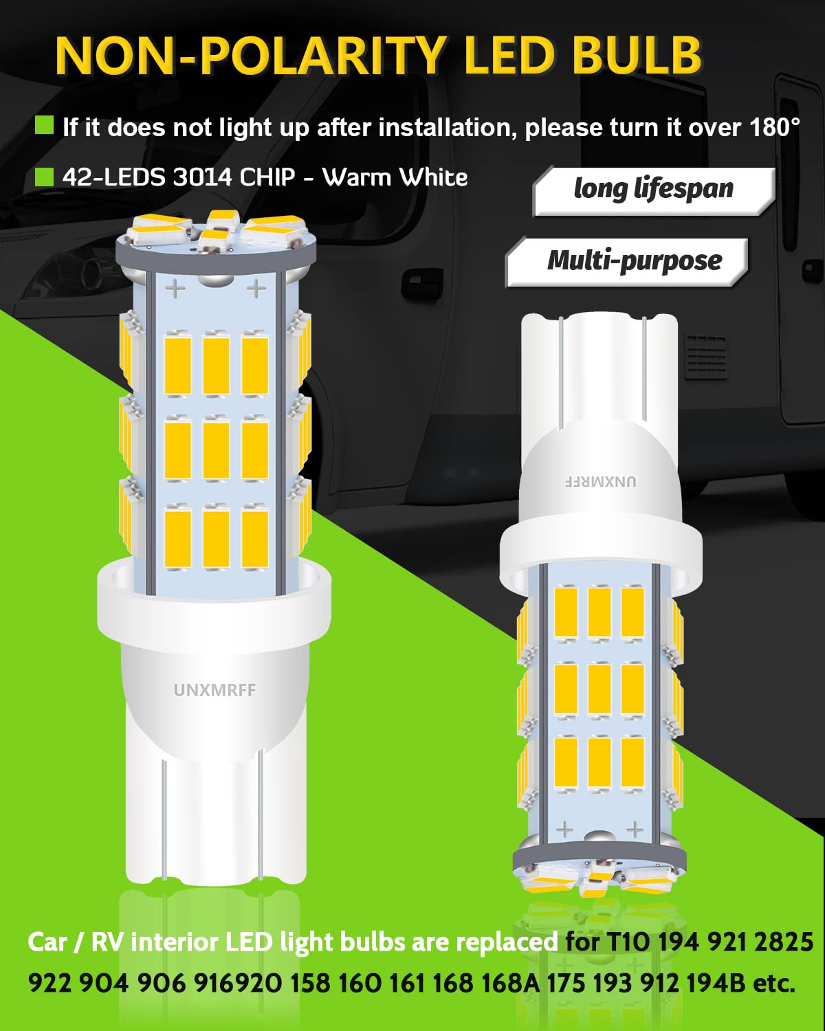 UNXMRFF - T10 921 LED Bulb Warm White 12V RV Light Bulbs (Pack of 20) - Perfect for Camper, Travel Trailer Interior Ceiling Lights, Car Map Lights, Dome Lights & Door Lights