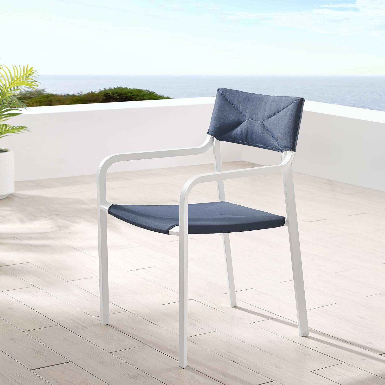 Modway EEI-3573-WHI-NAV Raleigh Outdoor Patio Aluminum Stackable Dining Armchair - Fully Assembled White Navy Chair for Garden, Poolside & Restaurant Seating