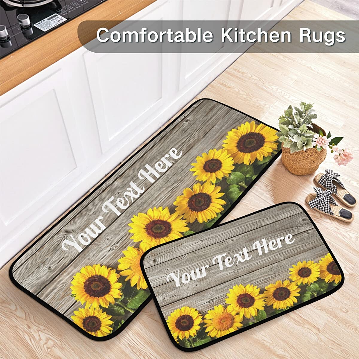 DOMIKING Custom Sunflowers Non-Slip Kitchen Rugs - 2PC Farmhouse Style Foam Standing Mats for Floors, Personalized Home Decor - Perfect for Kitchen, Entryway, and High-Traffic Areas