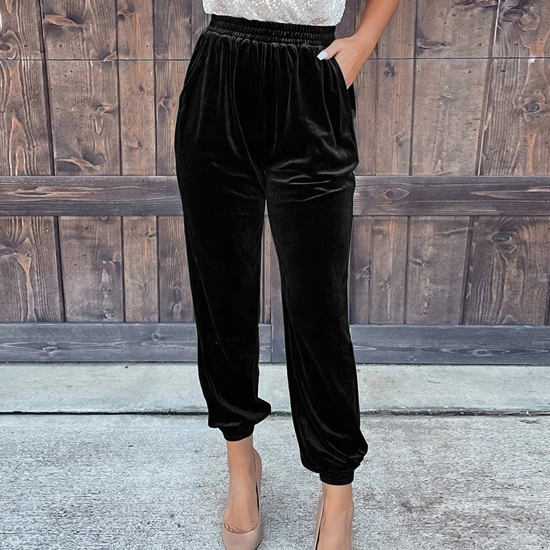 Stylish Red Velvet High Waist Pants for Women - Soft Stretch Elastic Waistband Comfortable Loose Fit Casual Trousers for Fall Winter Fashion (Perfect for Office, Party & Holiday Outfits)