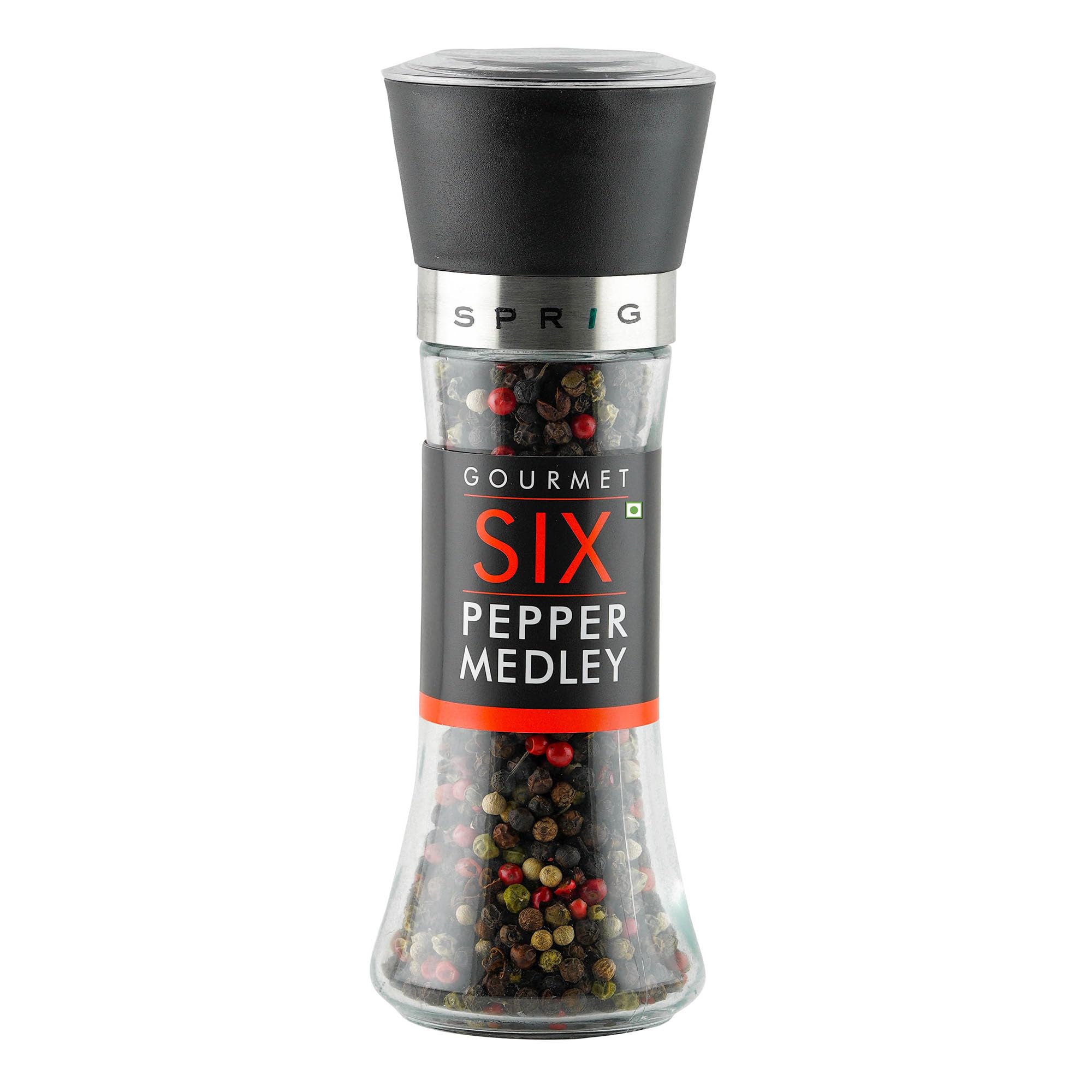 Premium Sprig Gourmet Six Pepper Medley - Rainbow Peppercorn Blend (Black, White, Pink, Green, Sichuan, Cubeb) | Whole Dried Peppercorns with Glass Grinder Bottle | Adjustable Coarseness | 85g | Perfect for Steak, Pasta & Gourmet Cooking