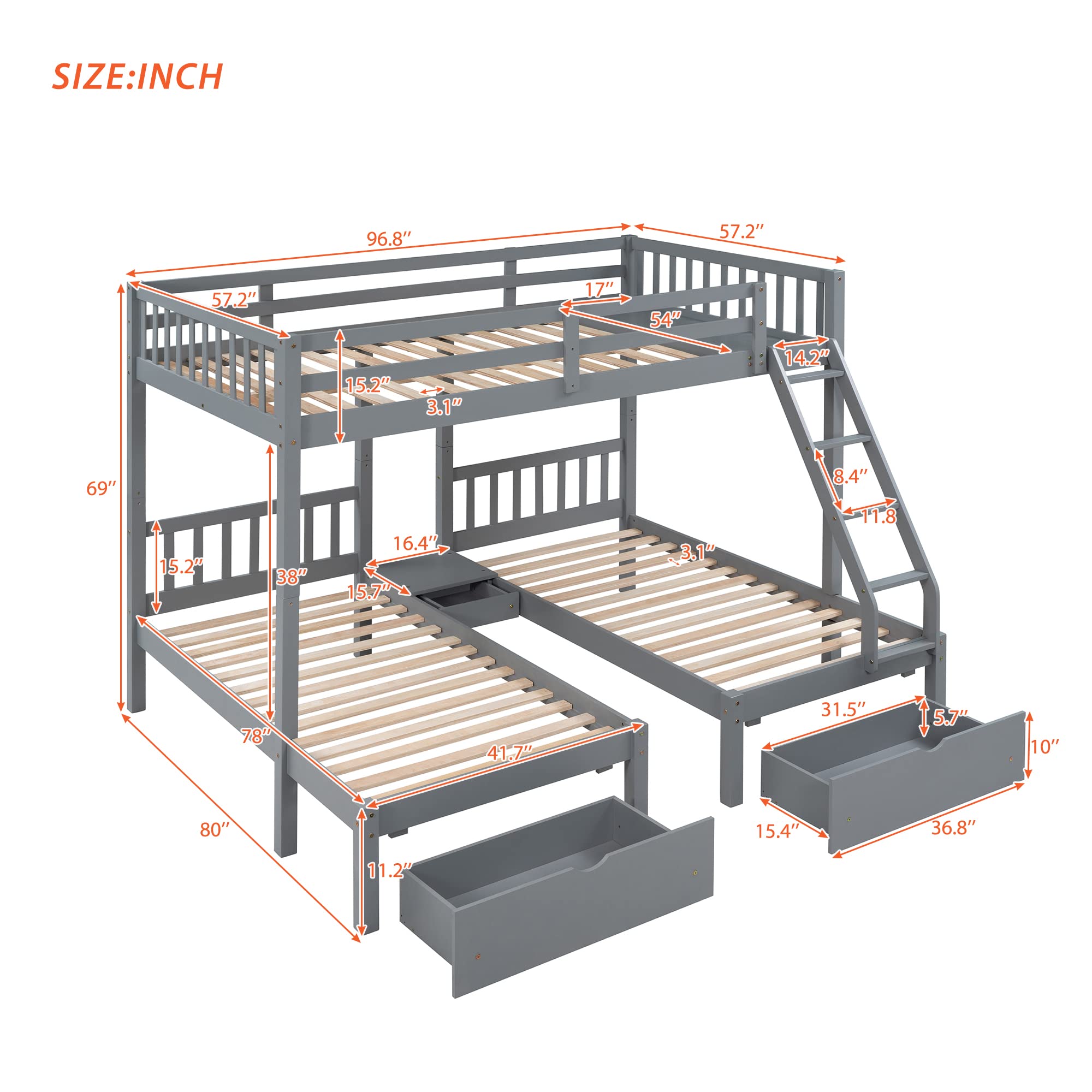 Merax Wooden Triple Bunk Bed with Storage Drawers for Kids Bedroom - Grey