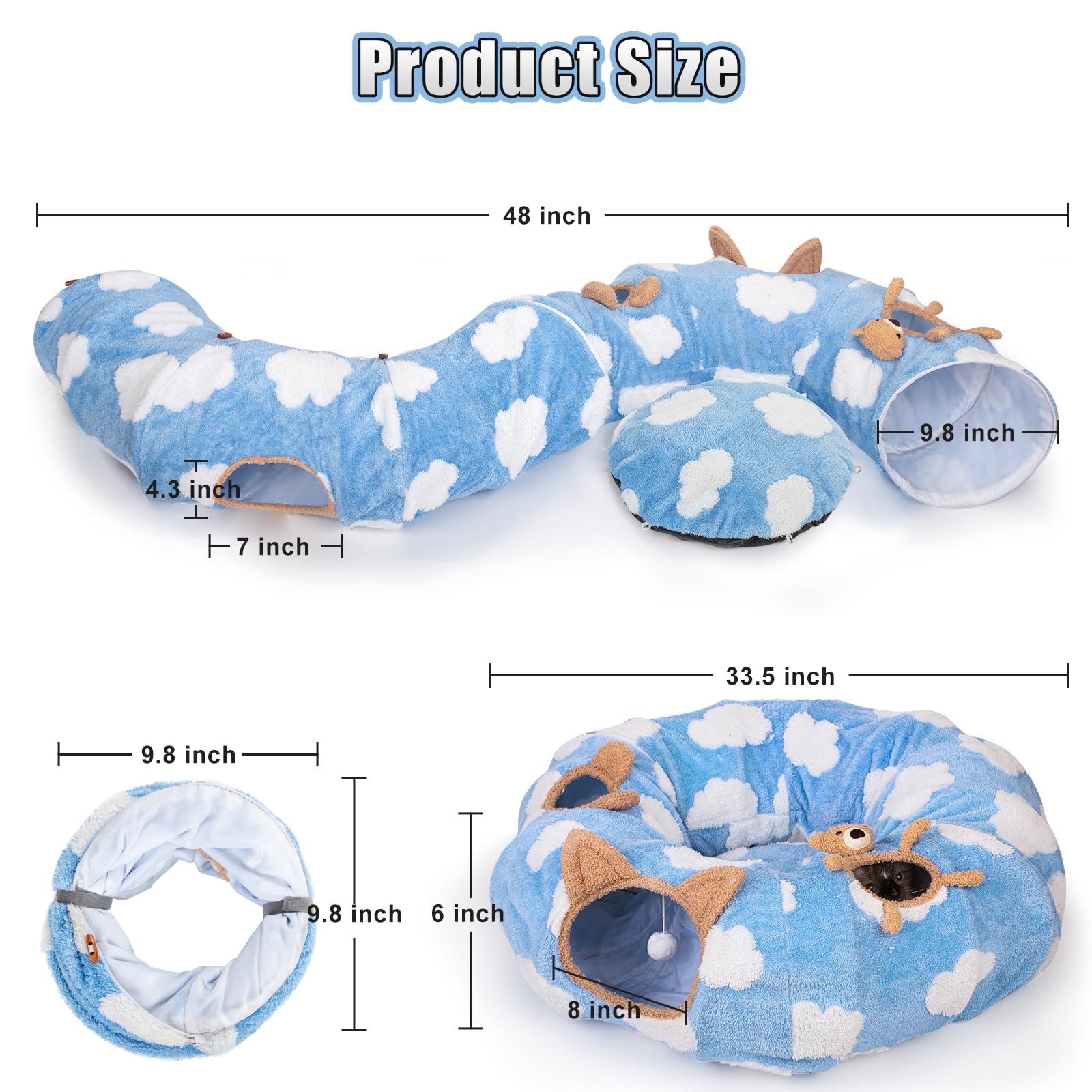 Washable Cat Tunnel Bed with Circle Cushion - Multifunctional Peekaboo Cat Cave & Donut Tube for Indoor Cats, Kittens, Puppies, Rabbits & Ferrets (Sky Blue) - Perfect for Playtime, Napping & Hide-and-Seek Games
