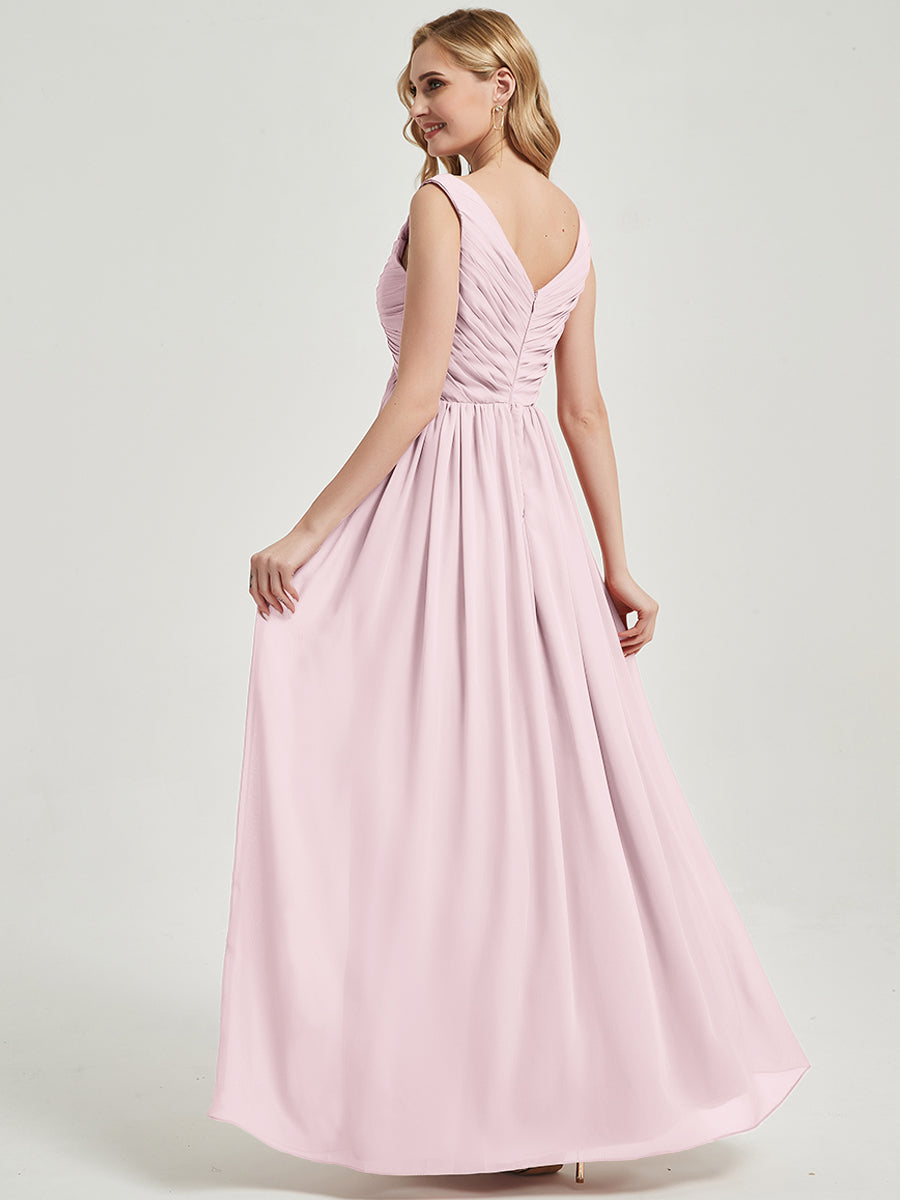 Elegant Blush Pleated Sleeveless Floor-Length Chiffon Bridesmaid Dress for Weddings & Formal Events - Empire Waist Design for Flattering Fit
