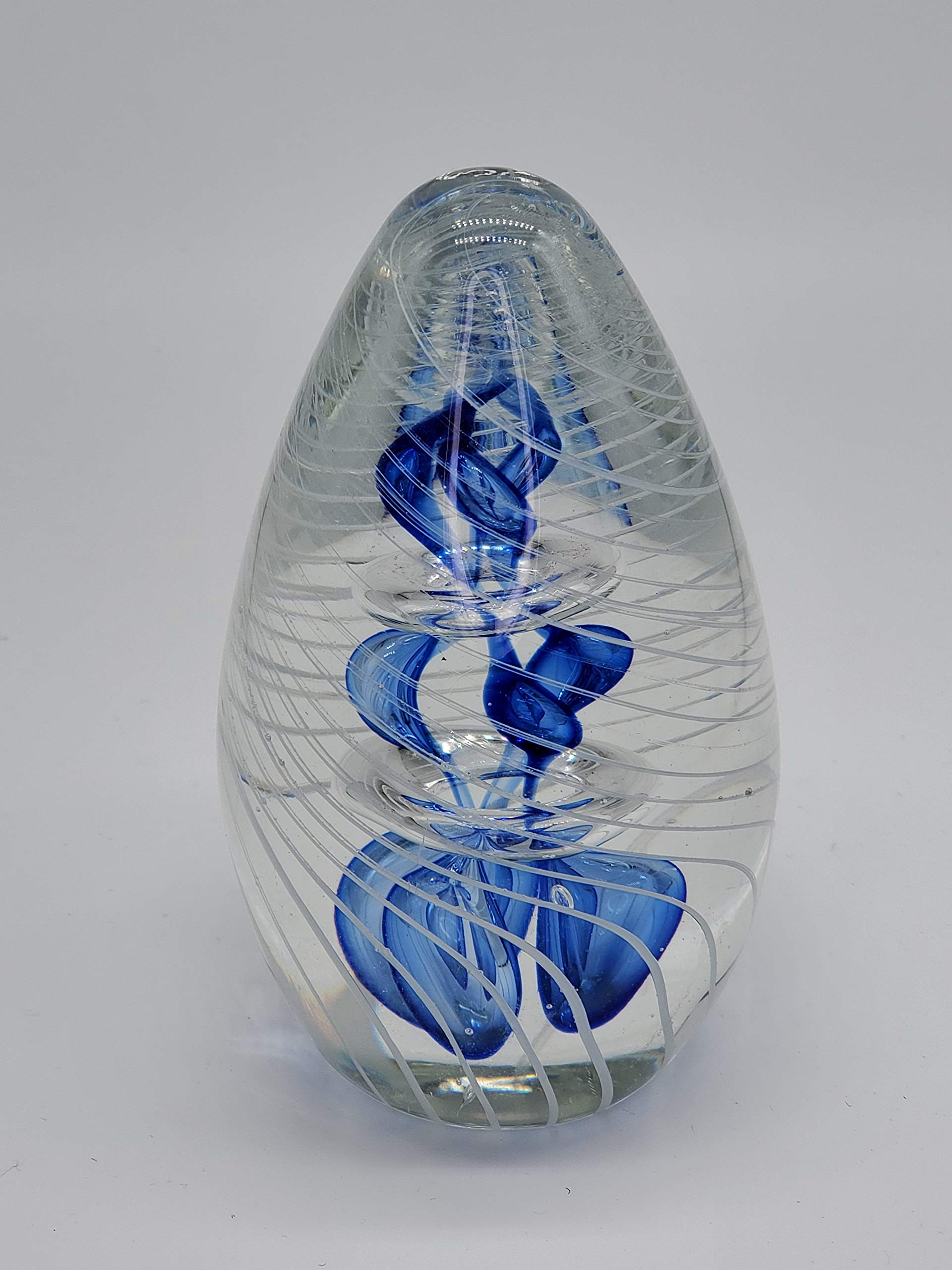 Handcrafted Blue Glass Egg Paperweight with Clear Halo Rings - Elegant Desk Decor for Office, Home, or Gift Giving | M Design Art PW-664