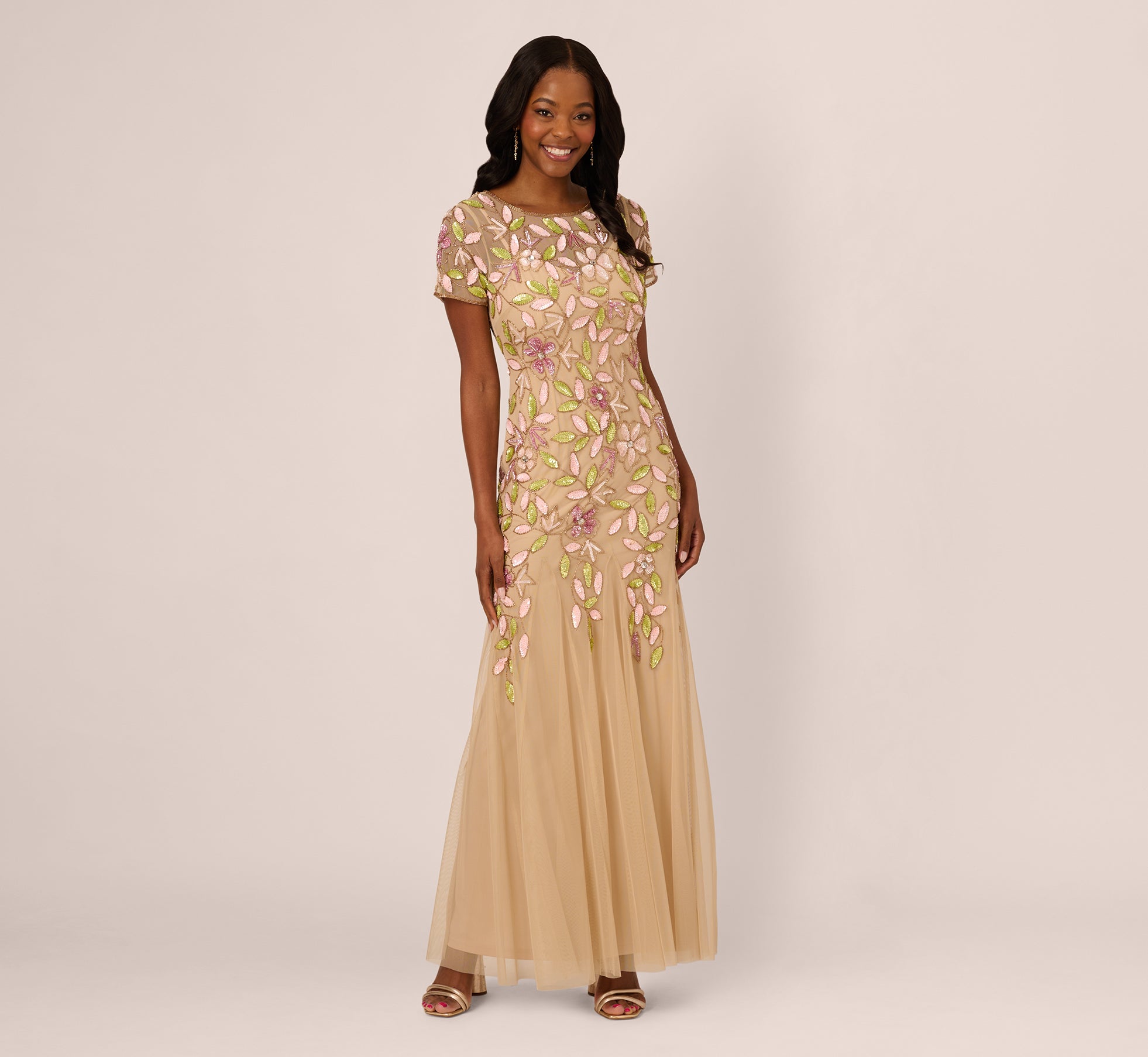 Elegant Short Sleeve Vine Beaded Godet Gown in Nude Multi Colors - Perfect for Evening Parties, Weddings & Special Occasions