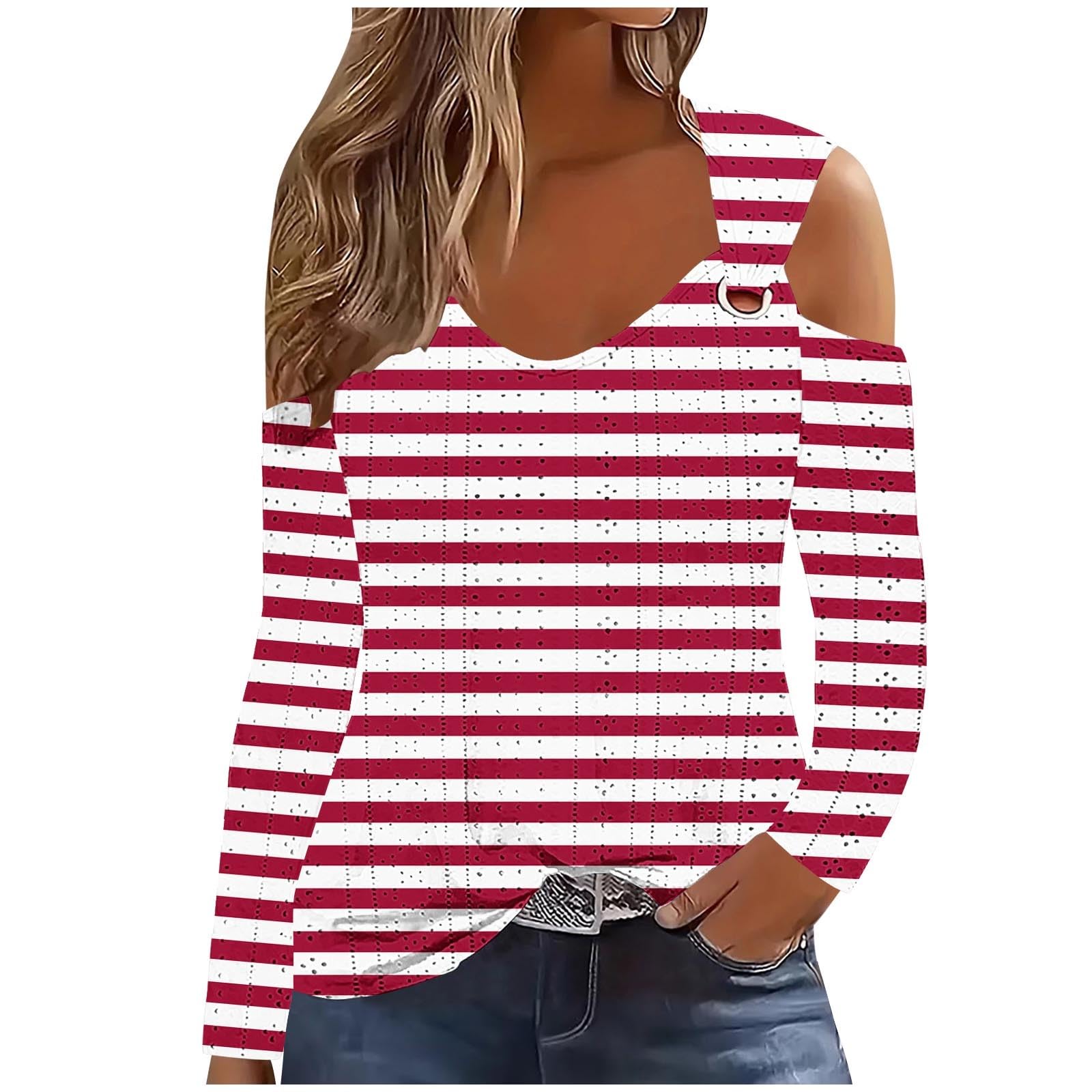 Women's Long Sleeve Striped Cold Shoulder Top - Soft Lightweight Pullover Blouse for Fall Fashion | Cozy Casual Wear, Office Outfits & Date Night Looks