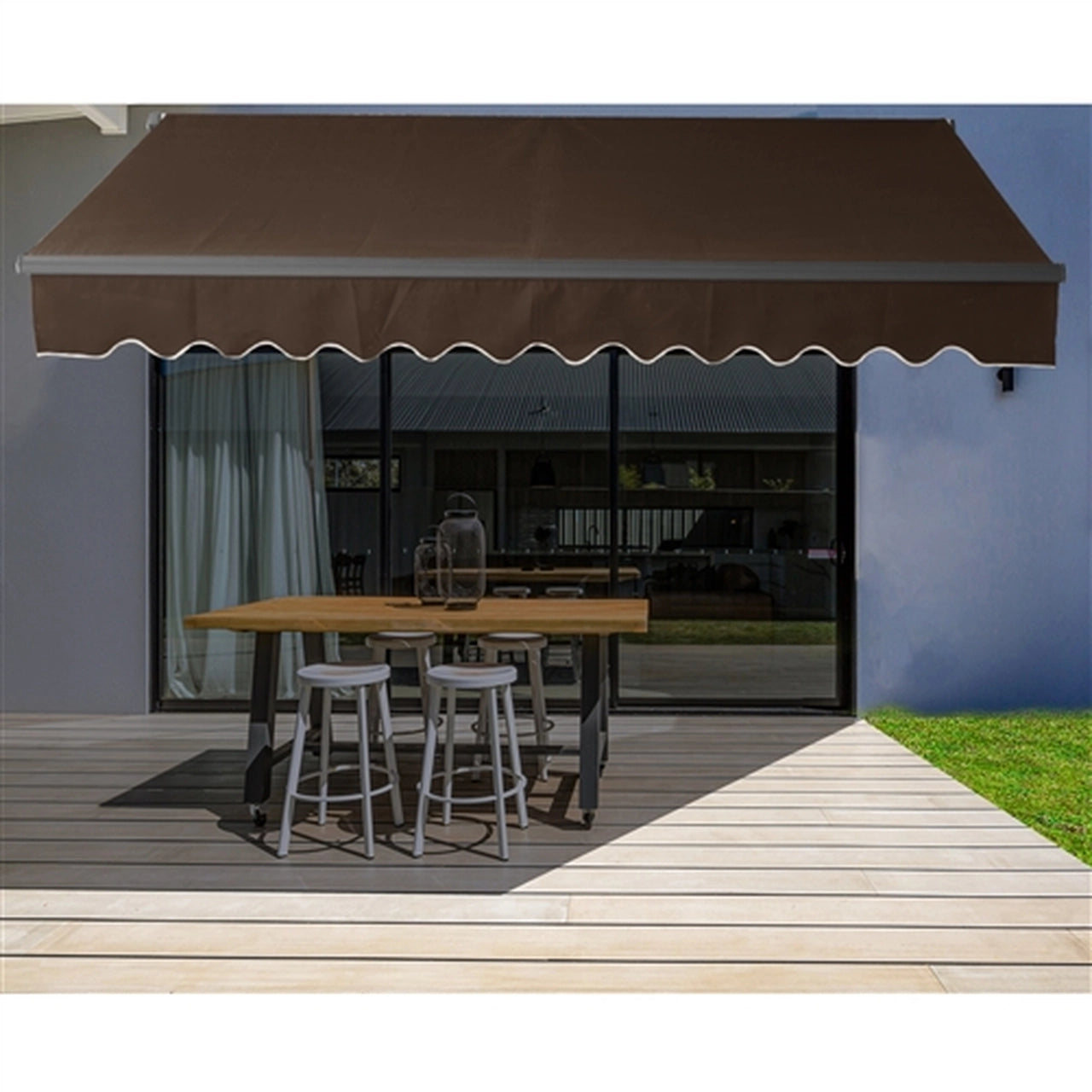 Aleko 12x10 Feet Motorized Retractable Patio Awning with Black Frame - Brown Canopy for Outdoor Shade, Perfect for Deck, Garden, and Backyard Relaxation