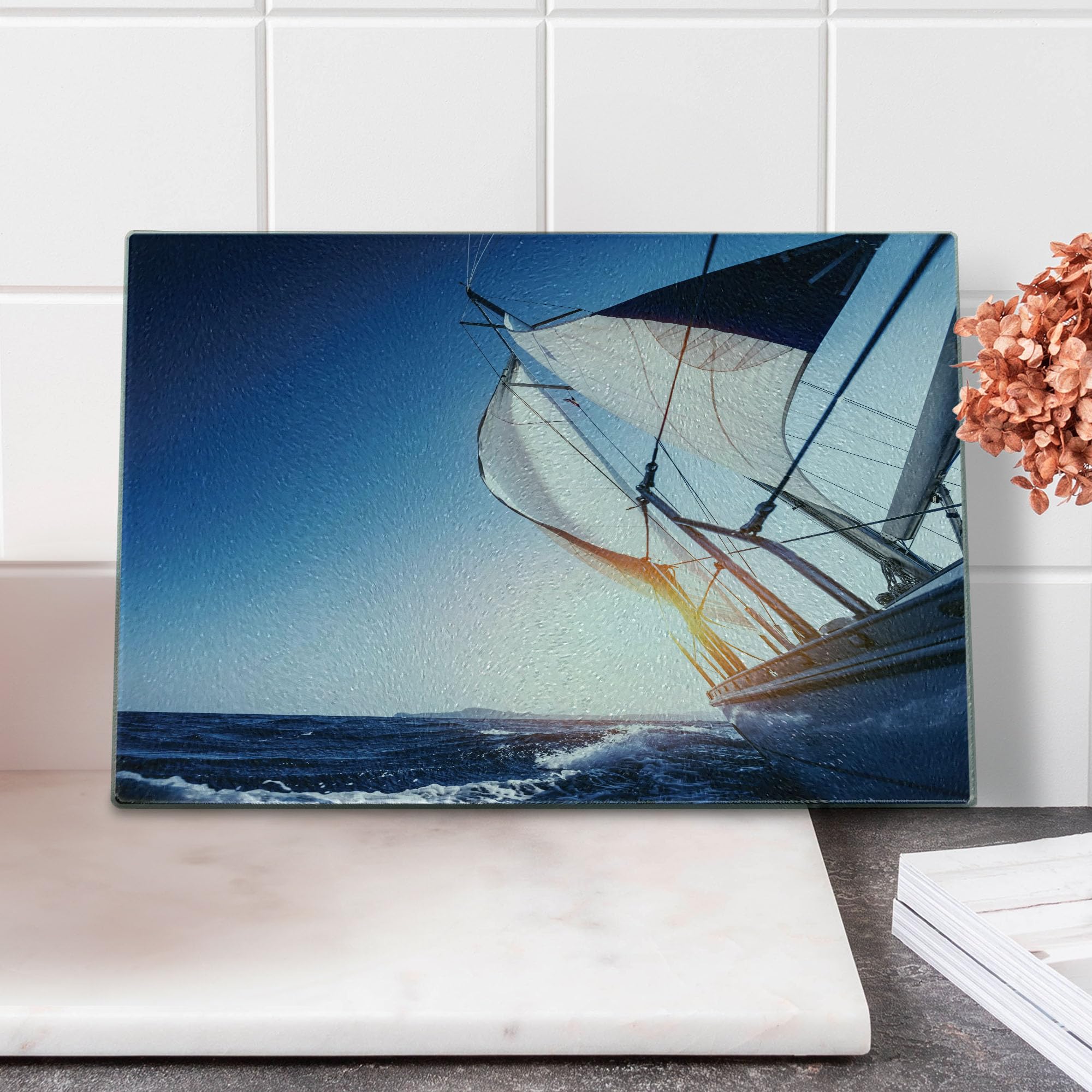 Ambesonne Sailboat Tempered Glass Cutting Board - Summer Adventure Sunset Print - Small White & Dark Blue Decorative Serving Board for Kitchen, Dining, and Party Use