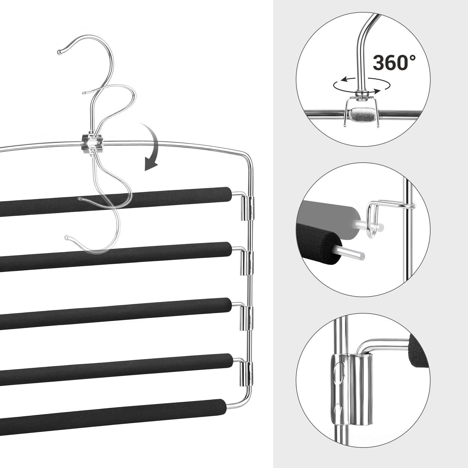 SONGMICS 5-Tier Non-Slip Pants Hangers Set of 3 - Space Saving Closet Organizer for Skirts, Trousers & Jeans (Silver & Black) | Perfect for Wardrobe Organization & Small Closet Spaces