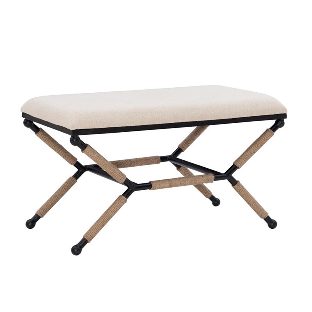 Linon Anna Campaign Accent Bench - Black Metal Legs with Cream Rope Detail - Perfect for Entryway, Bedroom or Living Room Decor