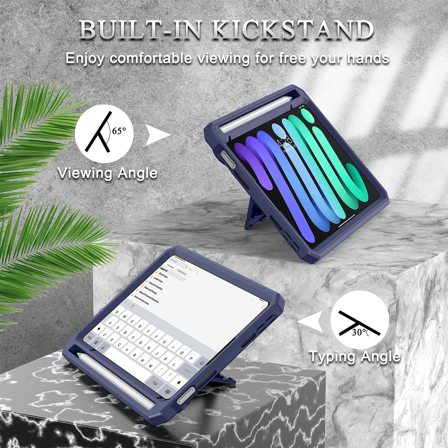 Soke Rugged Shockproof Case for iPad Mini 6th Generation (2021) 8.3 Inch - Built-in Screen Protector, Pencil Holder & Kickstand - Navy Blue | Perfect for Travel, Work & School Protection