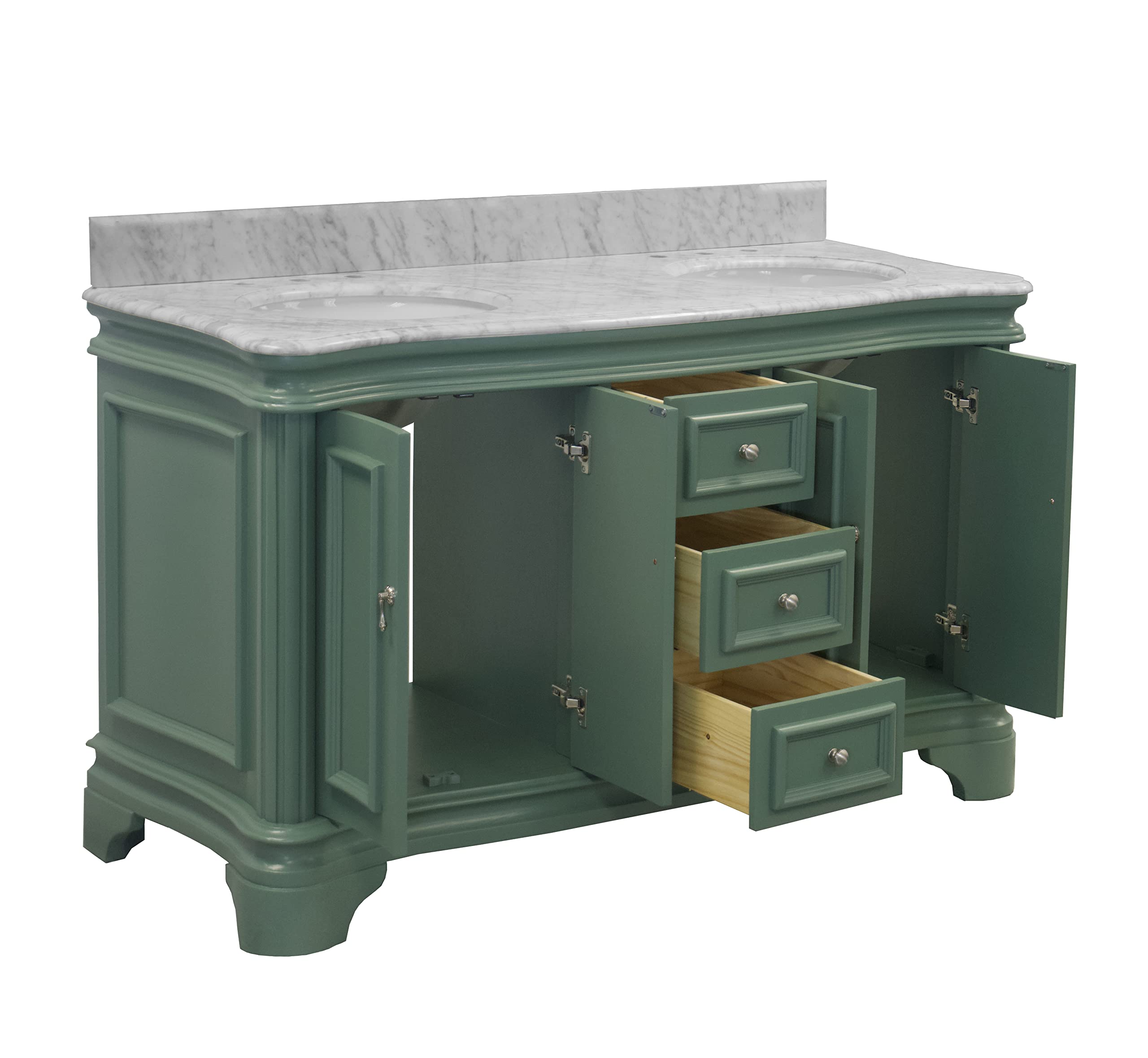 Katherine 60-inch Double Bathroom Vanity with Carrara Marble Top & Sage Green Cabinet - White Ceramic Sinks Included | Modern Bathroom Storage Solution for Master Bath & Guest Bath Renovation