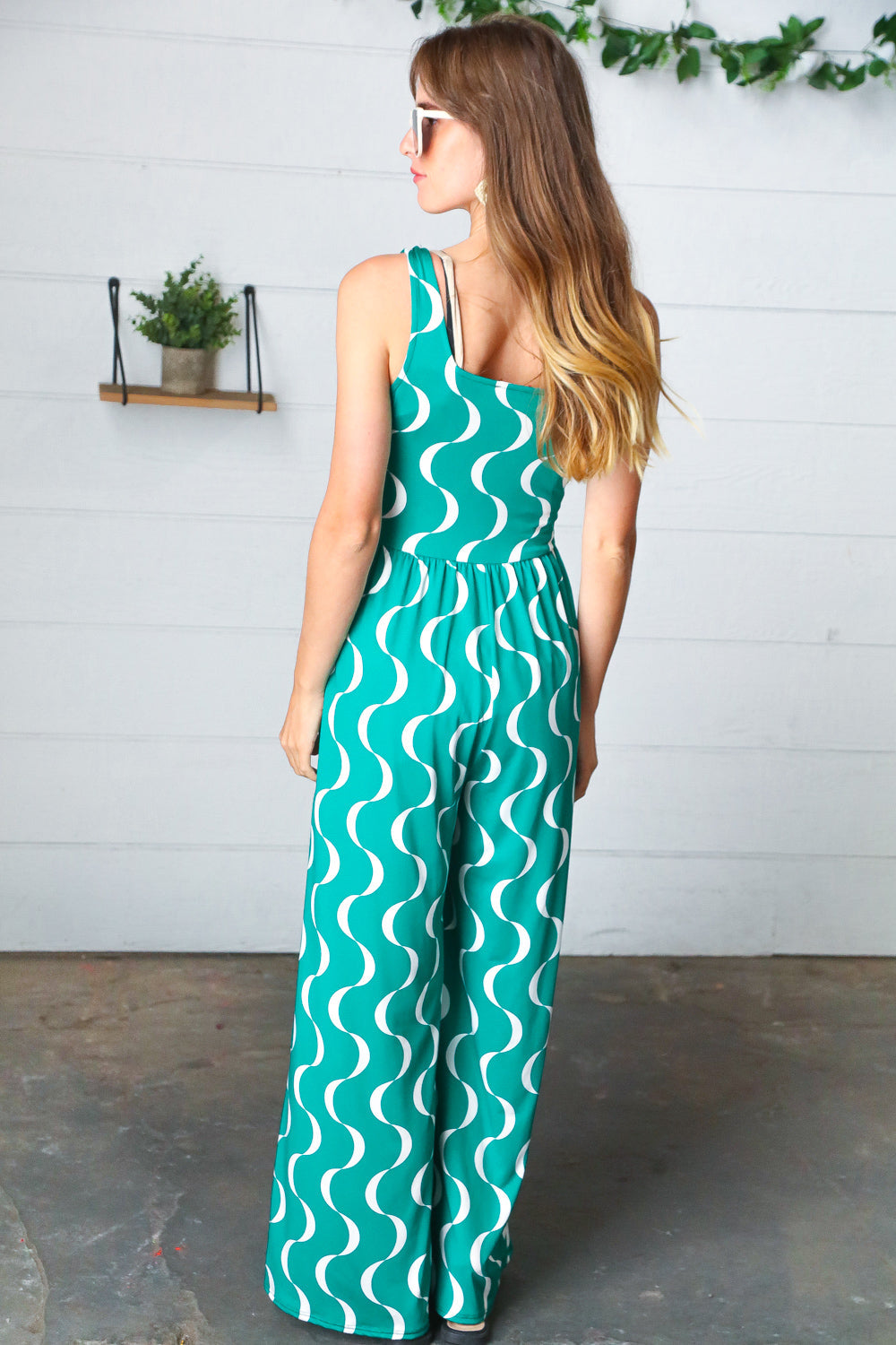 Kelly Green Abstract Wave Button Jumpsuit for Women - Stylish One-Piece Romper with Flowy Design - Perfect for Summer Outfits, Beach Vacations & Casual Wear