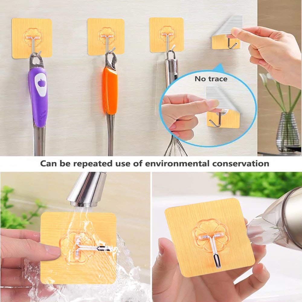 Heavy Duty Adhesive Wall Hooks - 10 Pack Rotating Sticky Hangers for Kitchen, Bathroom, Bedroom (Gold) | Perfect for Hanging Towels, Robes, Keys & Home Decor