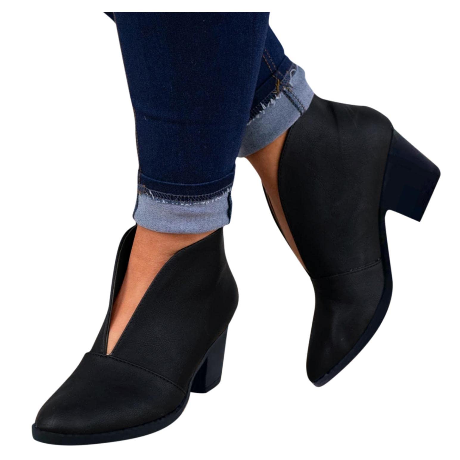 **NOLDARES Women's Cowboy Boots - Low Heel Wedge Ankle Boots with V-Cutout, Chunky Stacked Heel - Perfect for Autumn Outfits & Casual Wear**