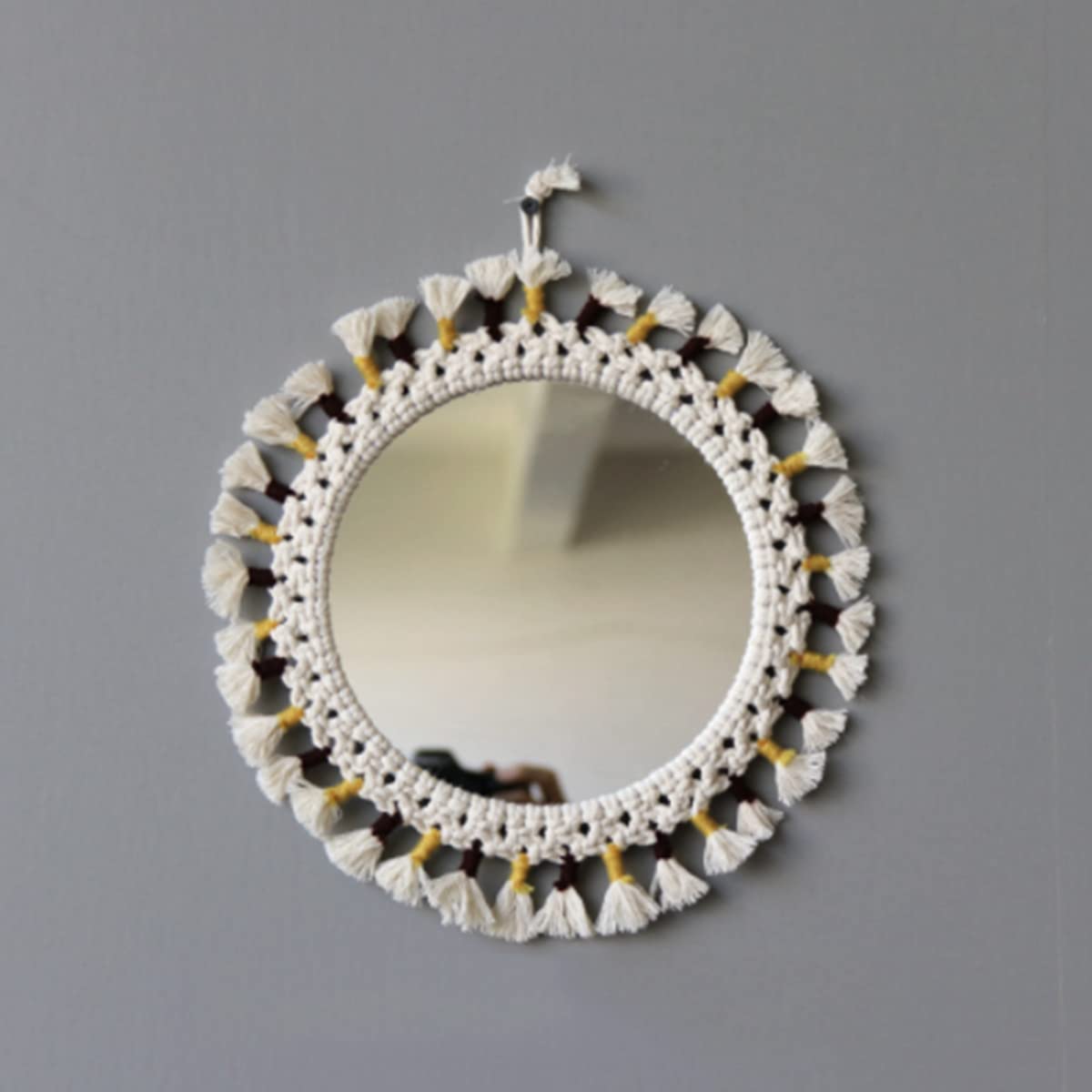 Boho Round Hanging Wall Mirror with Macrame Fringe - Handmade Decorative Mirror for Living Room, Bedroom, Nursery, Dorm & Entryway - Perfect for Home Decor, Wall Art & Boho Chic Style