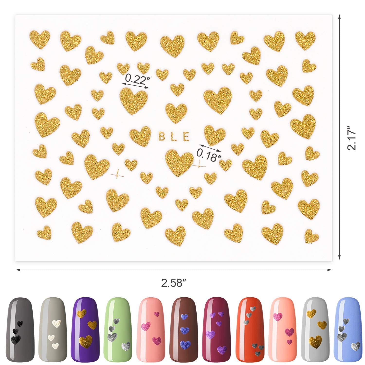 PAGOW 16 Sheets Heart Nail Art Stickers - 8 Color Love Heart Nail Decals, Self-Adhesive Nail Stickers for Women & Girls | Perfect for Valentine's Day, Bridal Shower, Birthday Party & DIY Nail Art
