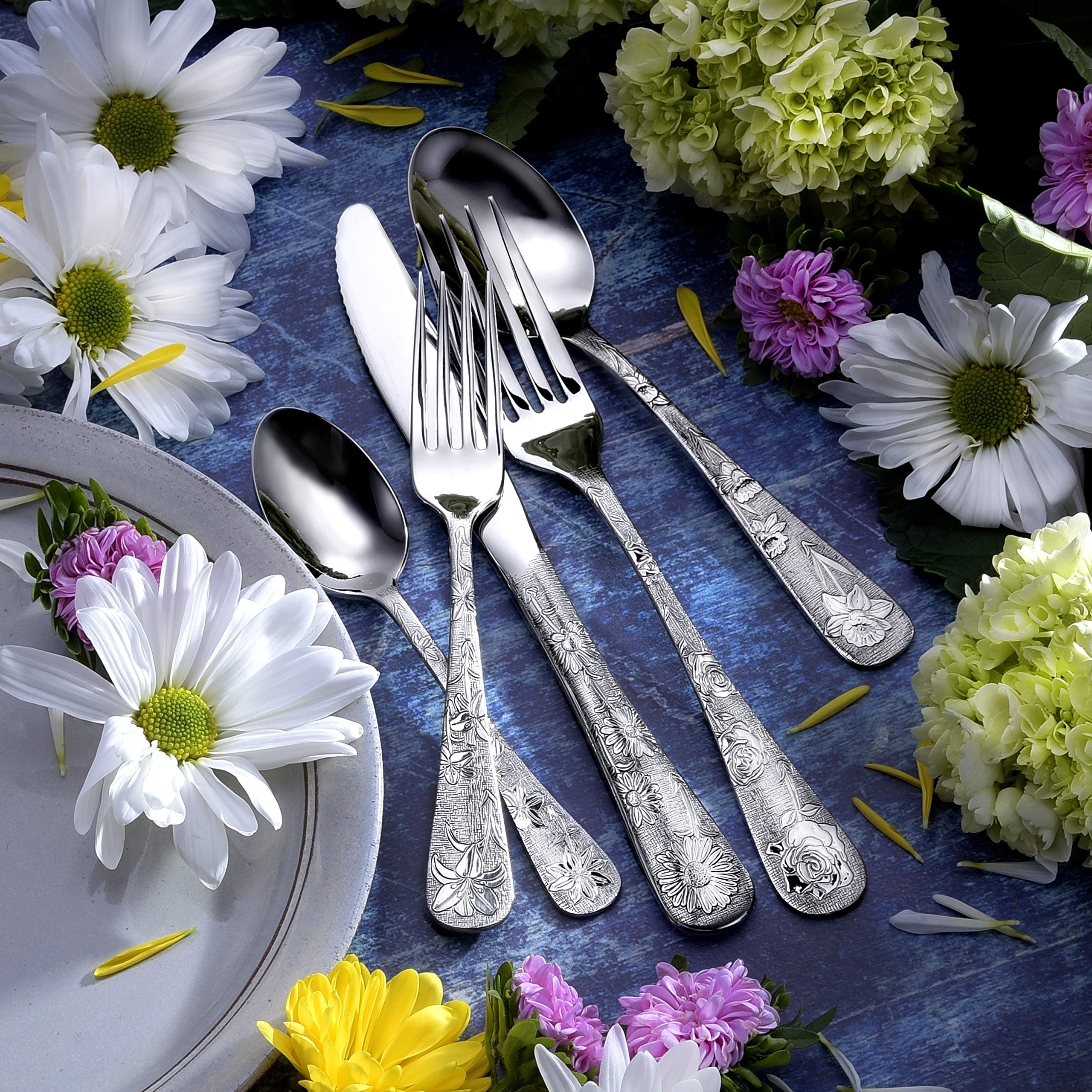 Liberty Tabletop American Garden 65-Piece Dinnerware Set - Service for 12 with Serving Pieces - Premium Stainless Steel Flatware Made in USA - Perfect for Family Dinners, Holiday Entertaining & Special Occasions