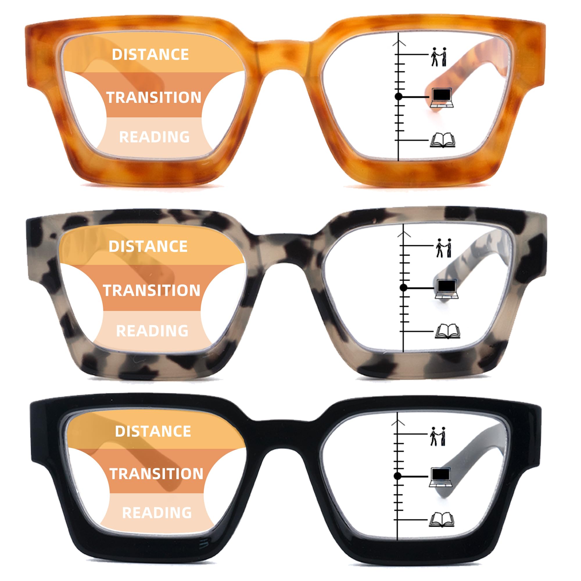 3 Pack Women's Retro Square Progressive Multifocal Reading Glasses - Blue Light Blocking Computer Glasses for Work, Reading & Screen Time