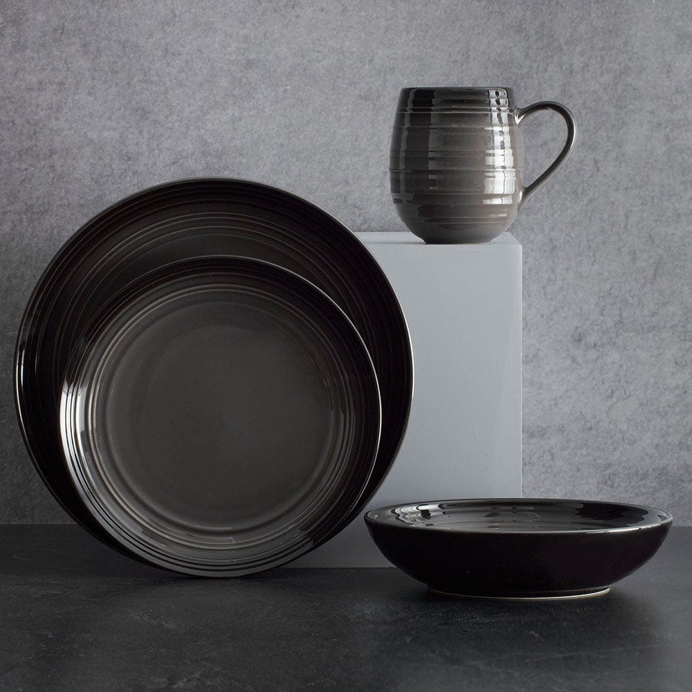 Swirl Black Coupe Dinner Plates Set of 4 with Graphite Ombre Accent - Elegant Tableware for Fine Dining, Dinner Parties & Special Occasions