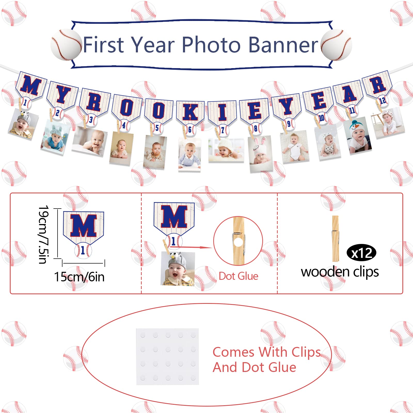 Baseball 1st Birthday Decorations - First Year Photo Banner & My Rookie Year Banner for Boys | Baby's First Birthday Party Supplies | Perfect for Baseball Theme Birthday Parties, Baby Showers & Milestone Celebrations