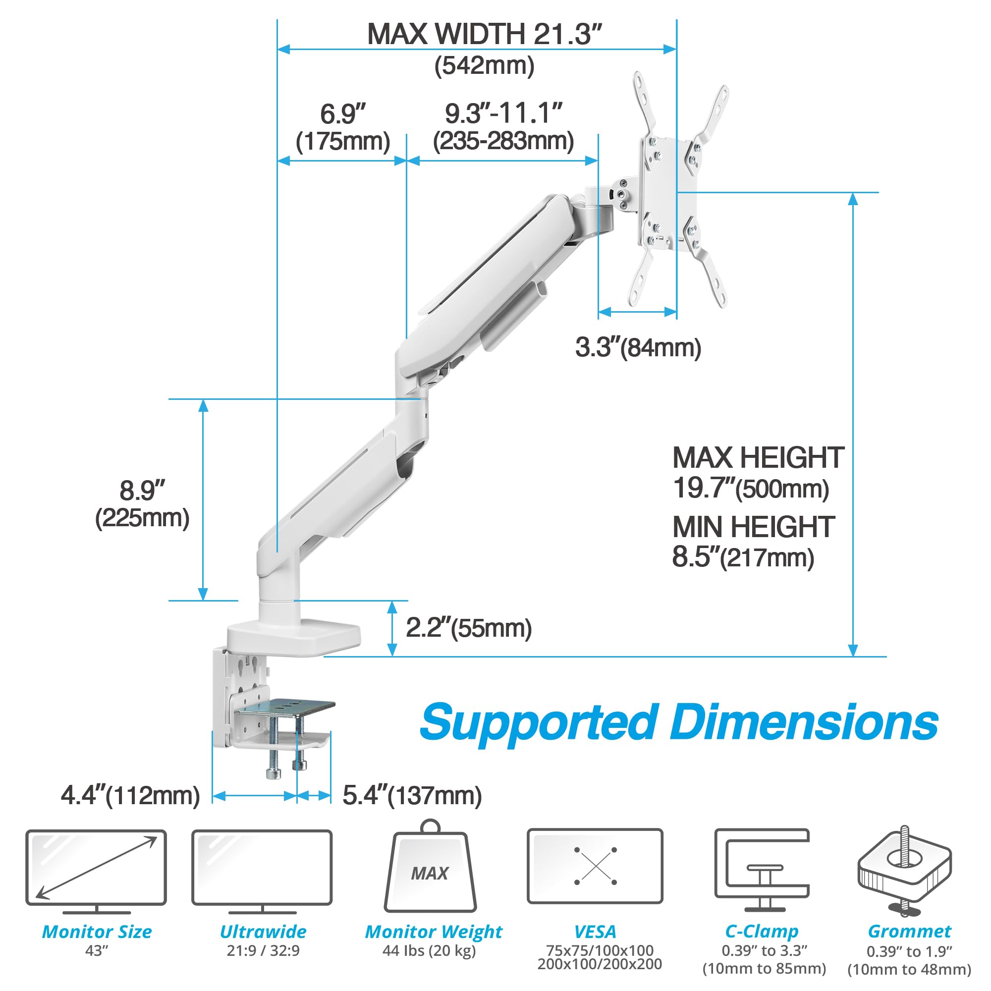 AVLT RGB Gaming Monitor Arm Stand - Adjustable Height, Swivel & Tilt for 17-43 inch Flat/Curved/Ultrawide Screens (Up to 44lbs/20kg) - White | Perfect for Home Office, Streaming Setup & Esports Gaming