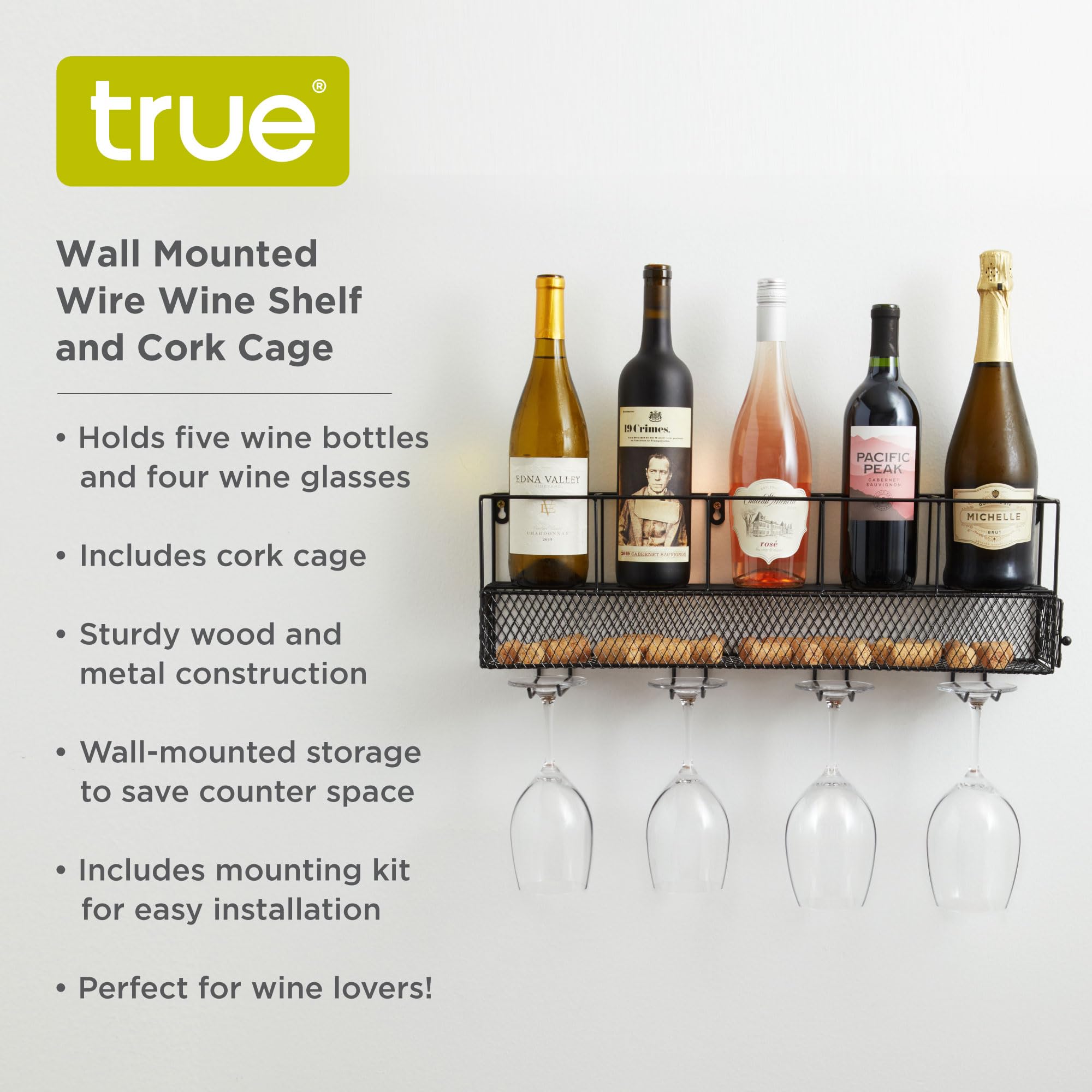 Sturdy Wall Mounted Wine Rack with Cork Cage Stemware Holder - Holds 5 Wine Bottles & 4 Glasses, Rustic Brown Finish - Perfect for Kitchen, Bar, Dining Room & Wine Cellar Organization