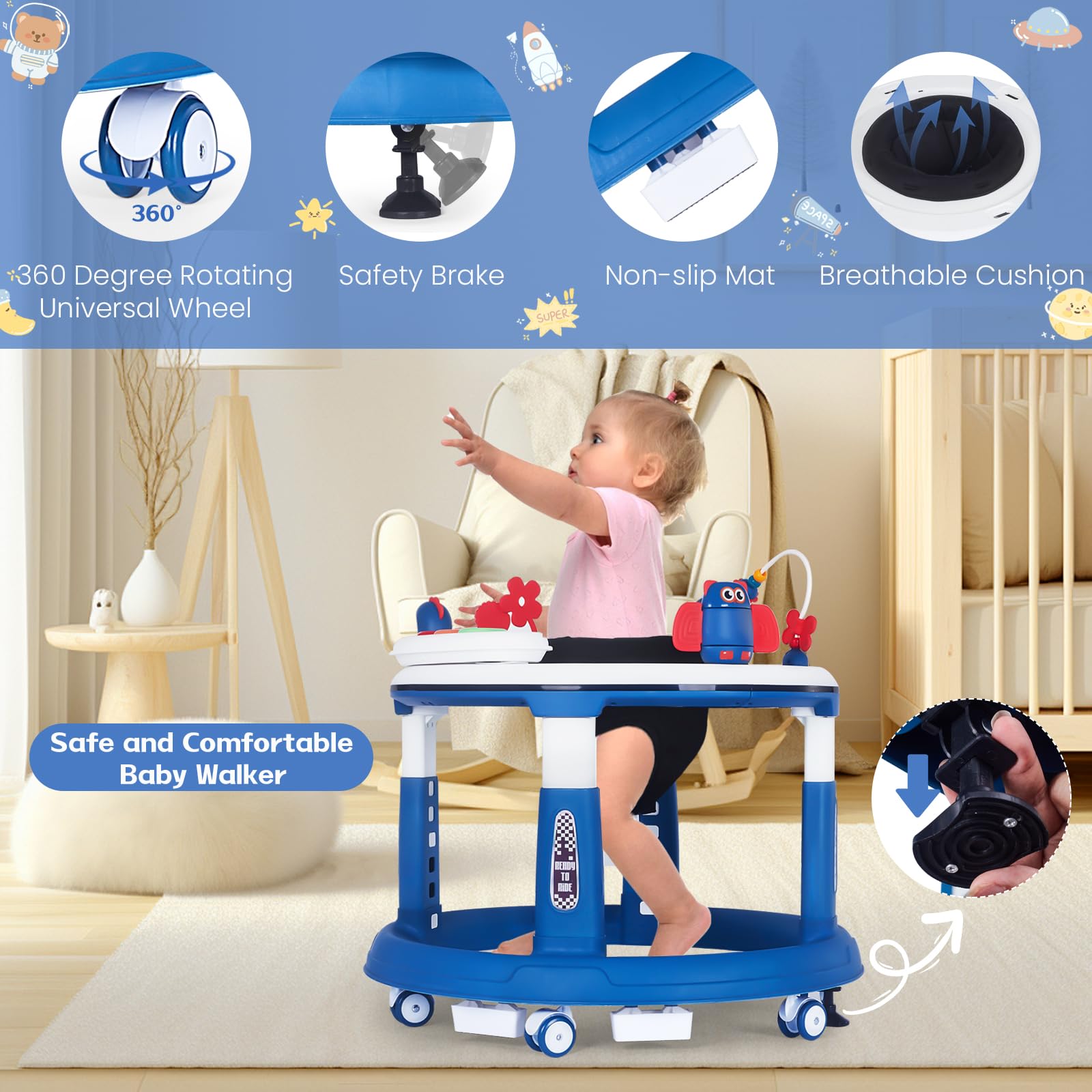 5-in-1 Adjustable Baby Walker with Wheels - Foldable Activity Walker for Infants 6-18 Months | Bouncer, Learning Mode, Music & Foot Pad | Perfect for Boys & Girls Learning to Walk | Ideal for Playtime, Early Development & Indoor Exploration