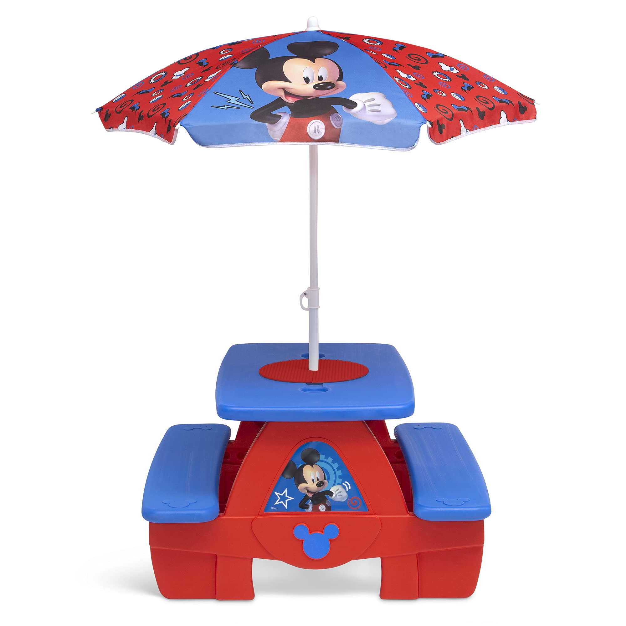 Disney Mickey Mouse 4-Seat Kids Picnic Table with Umbrella & LEGO-Compatible Tabletop - Outdoor Play, Birthday Parties, Backyard Fun by Delta Children