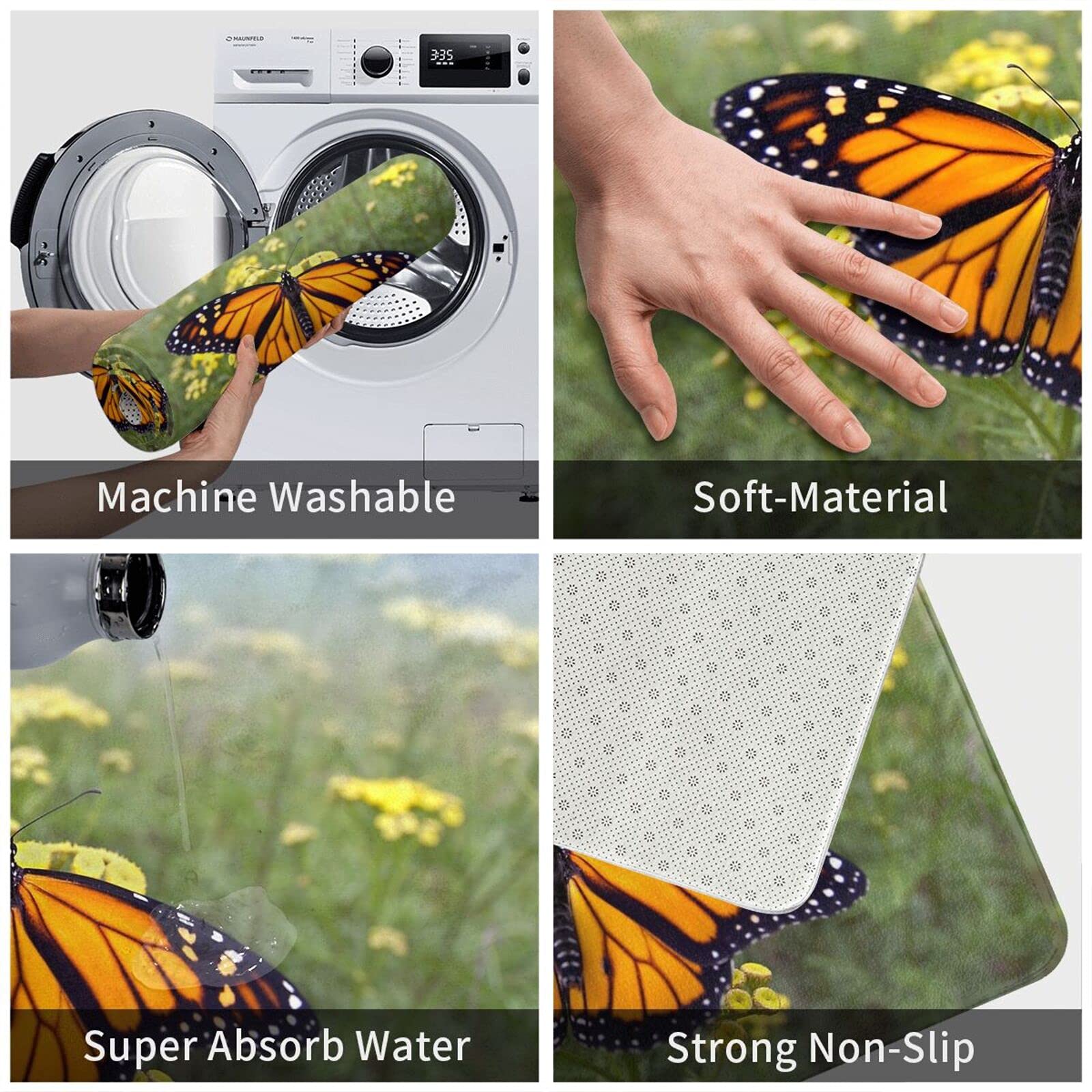 Monarch Butterfly Bath Mat - Soft Plush Non-Slip Absorbent Shower Rug for Bathroom Floor, Washable Kitchen Sink Carpet - Perfect Bathroom Decor & Cozy Home Accessories for Kids and Adults