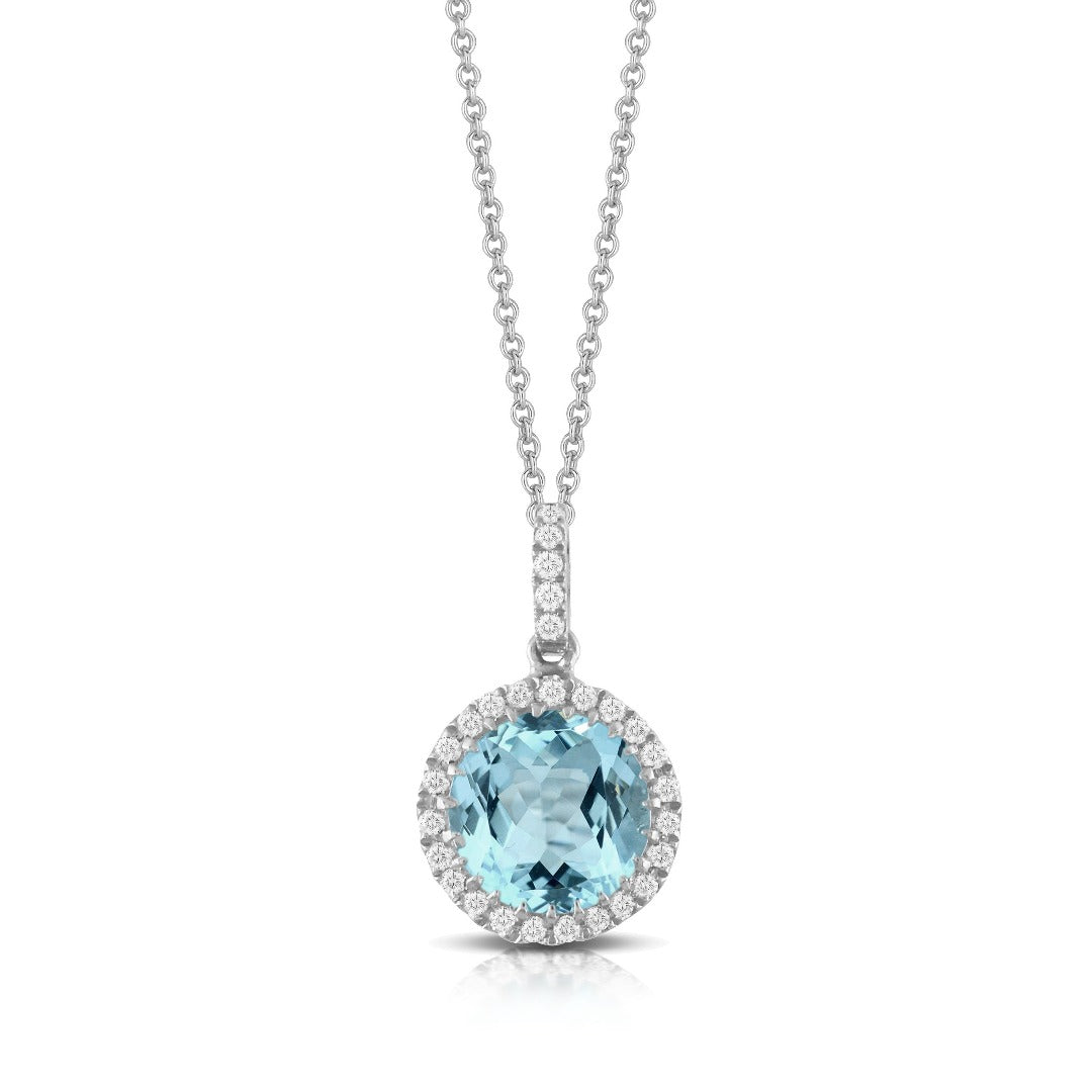 Blue Topaz & Diamond Halo Pendant Necklace in 18K White Gold - Elegant Jewelry Gift for Women, Perfect for Weddings & Special Occasions