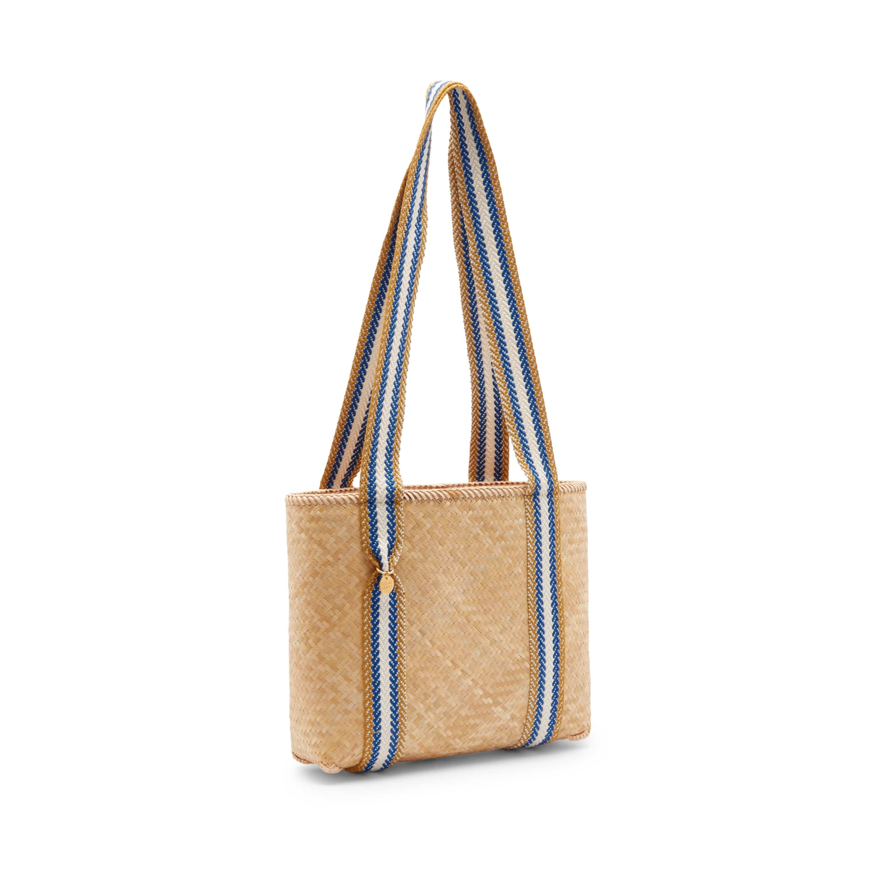 Mentawai Handwoven Bamboo Vegan Small Tote Bag - Eco-Friendly Natural & Blue Stripe Women's Purse for Beach, Shopping & Daily Use