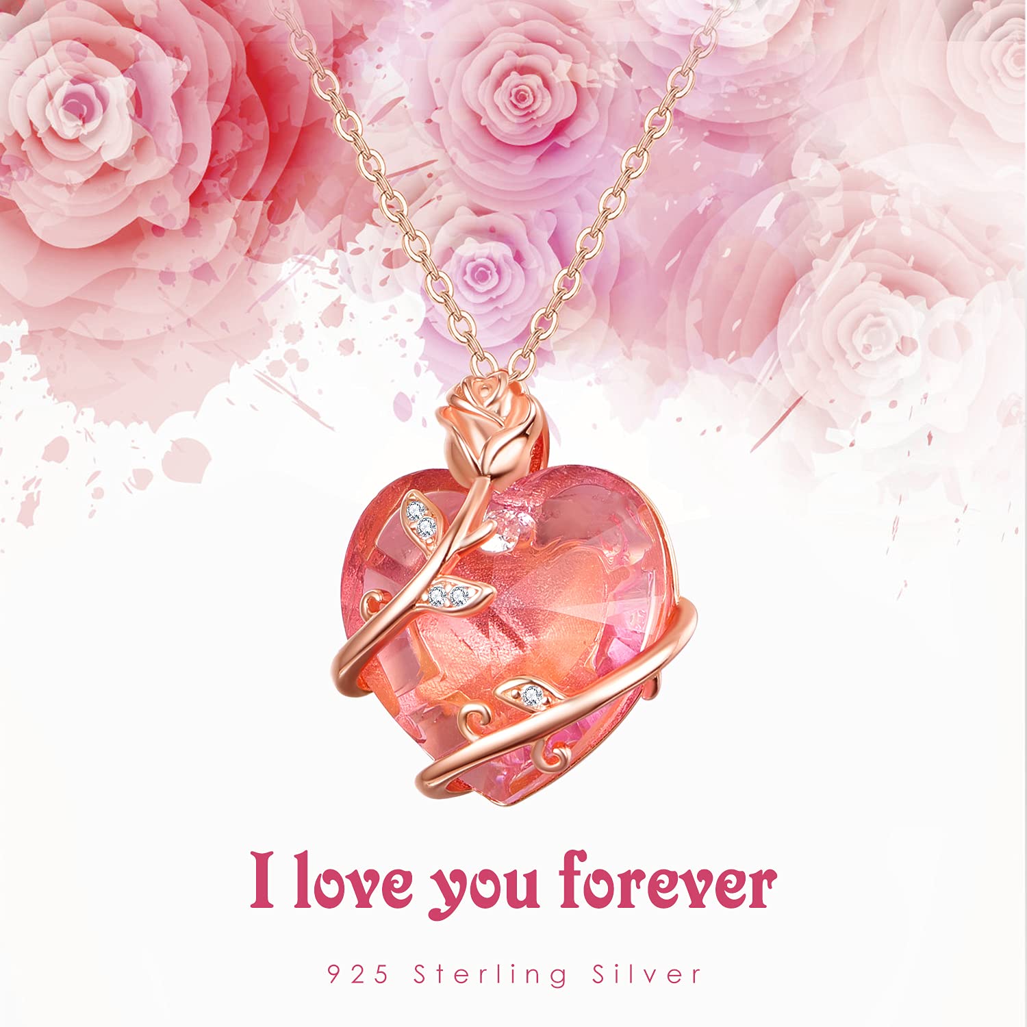 TANGPOET Sterling Silver Pink Crystal Rose Flower Necklace - Rose Gold Plated Pendant for Women, Perfect Gift for Mother's Day, Valentine's Day & Birthdays | Elegant Jewelry for Daily Wear, Date Nights & Special Occasions