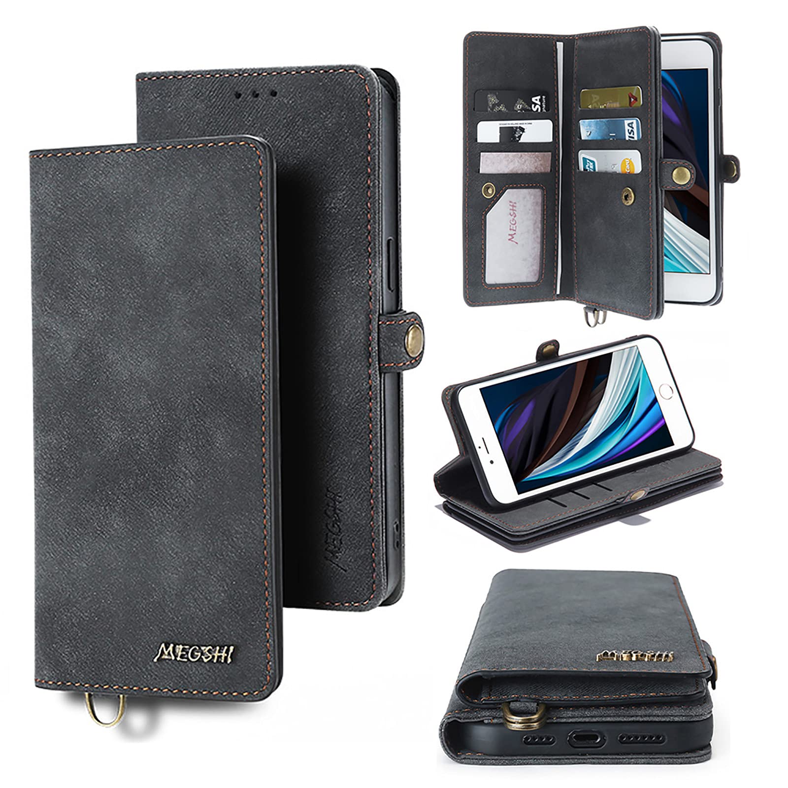 Magnetic Wallet Case for iPhone 7/8/SE (2020 & 2022) - 2-in-1 Detachable Cover with 9 Card Slots, Kickstand & Wrist Strap | Premium Flip Leather Phone Case (Black) | Perfect for Work, Travel & Everyday Protection