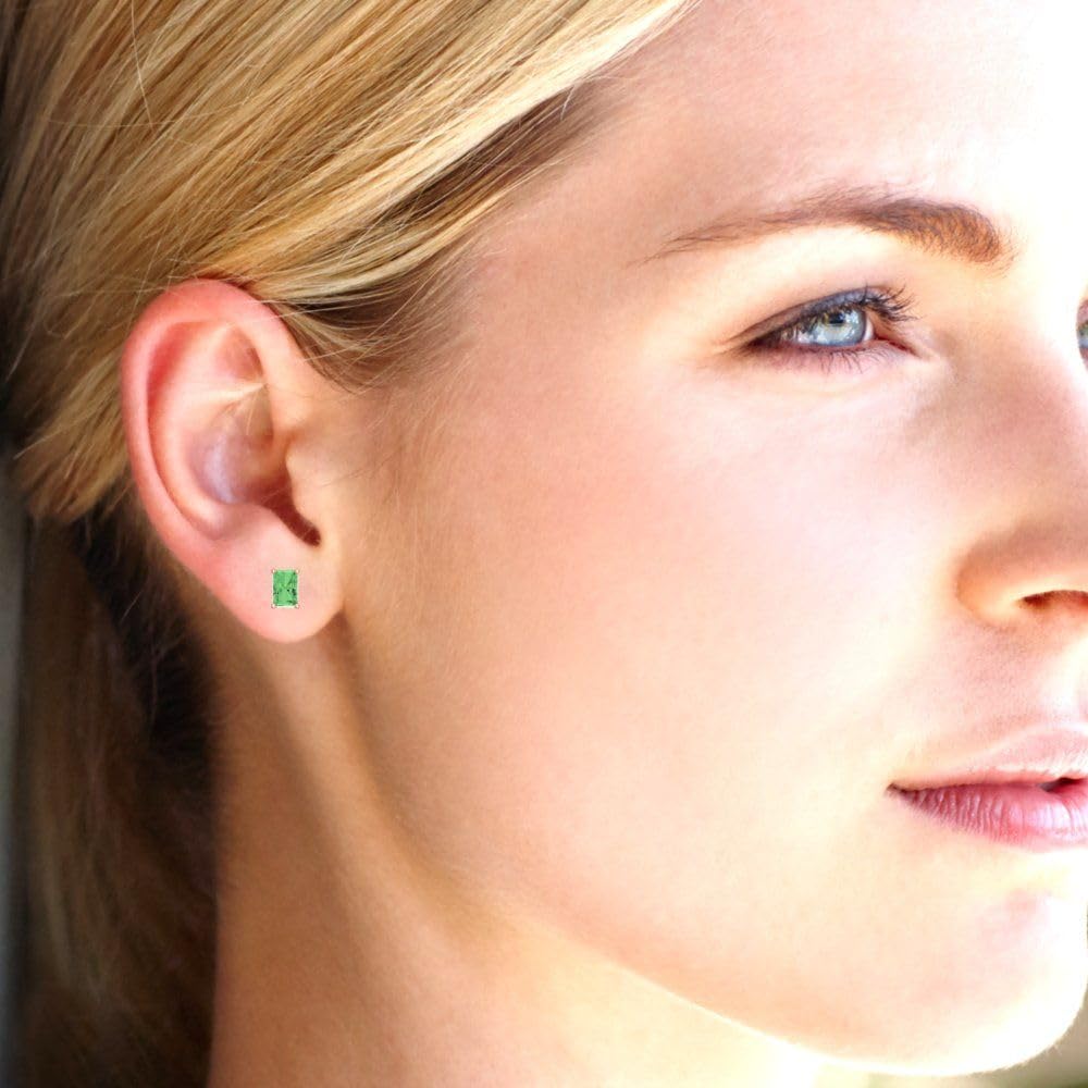 2.0 Carat Emerald Cut Solitaire Stud Earrings - Green Nano Simulated Diamond for Anniversary Gift - 14K Rose Gold Push Back - Perfect for Weddings, Parties & Special Occasions