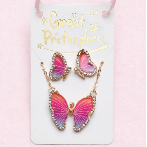 Great Pretenders Butterfly Necklace & Stud Earrings Set for Kids - Cute Floral Jewelry Gift for Girls Birthday, Party & Dress Up Play