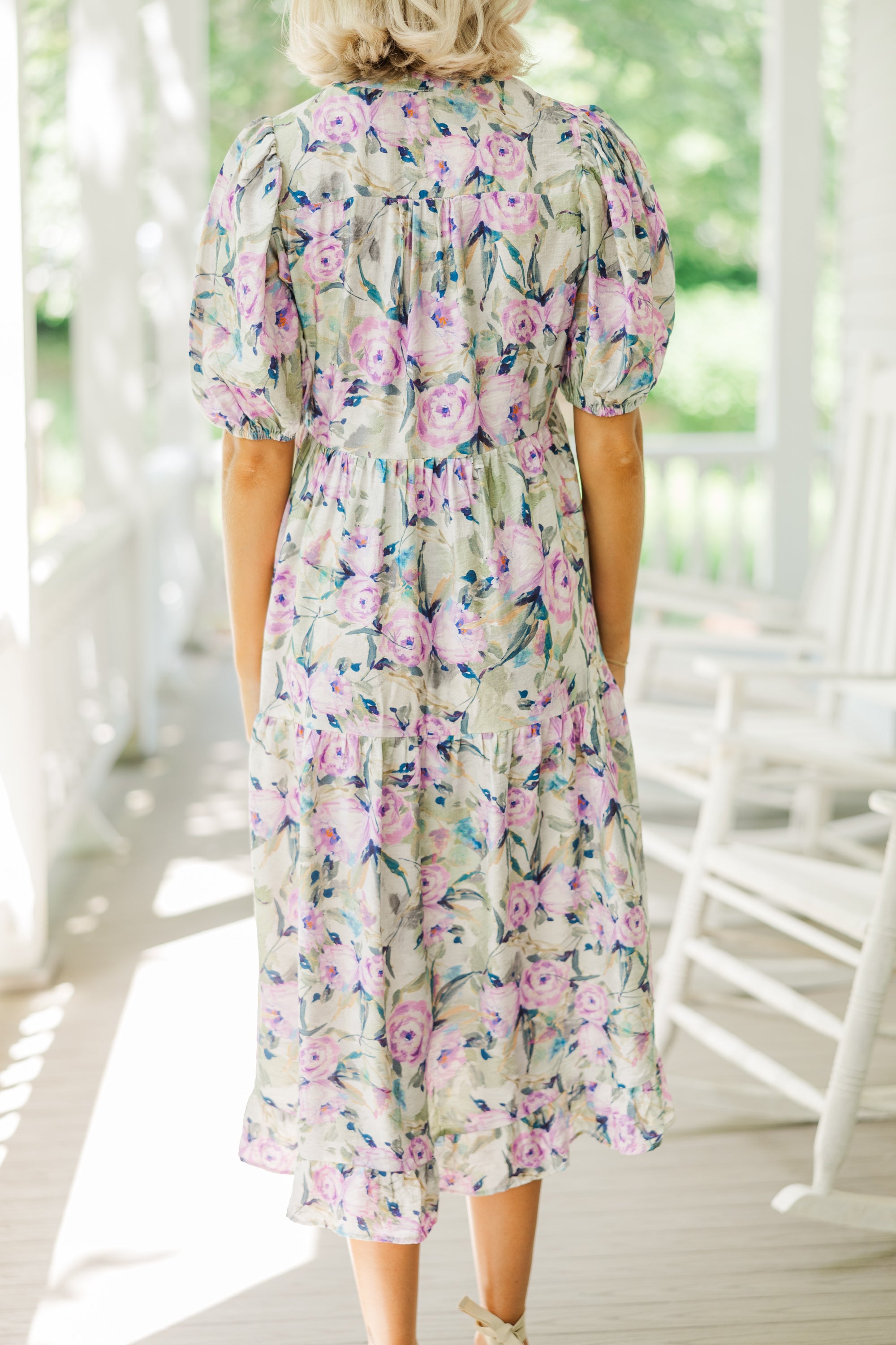 Lilac Purple Floral Midi Dress for Women - Elegant Summer Dress with Flowy Skirt & Comfortable Fit - Perfect for Garden Parties, Weddings & Date Nights