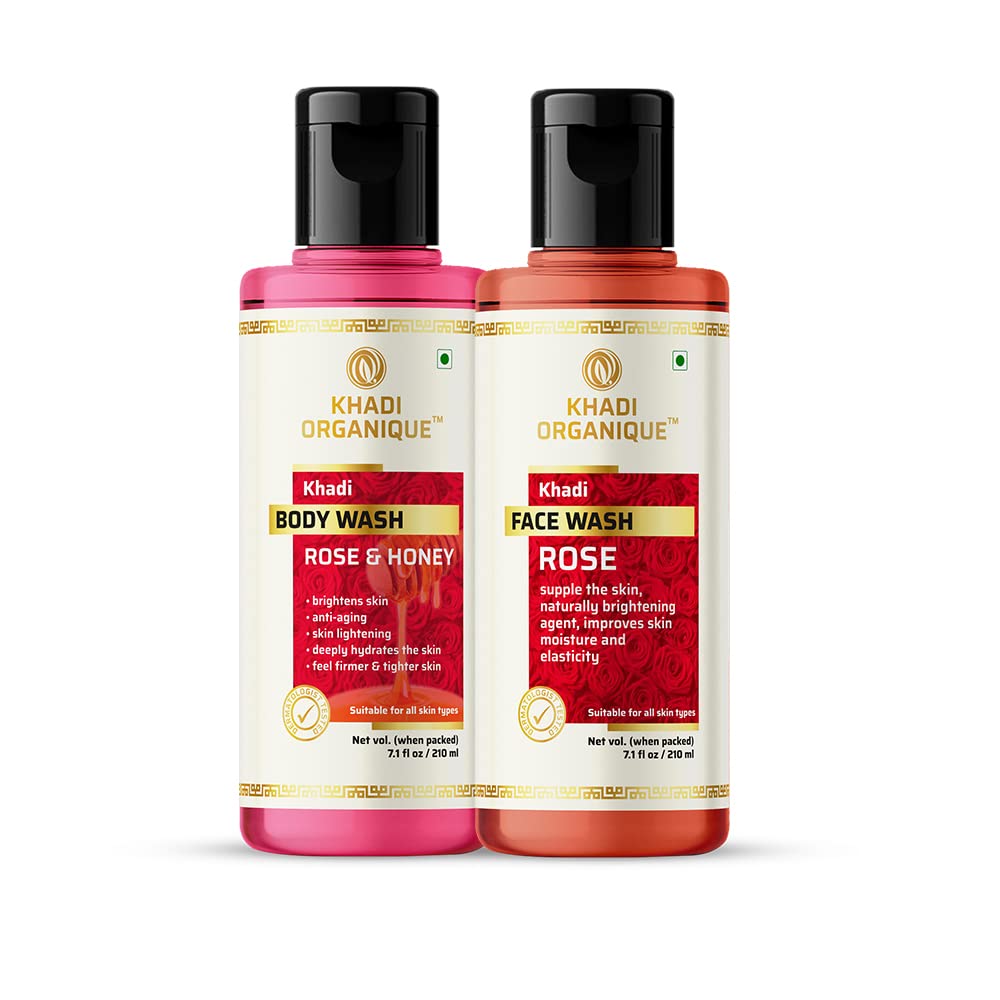 Khadi Organique Rose & Honey Body Wash and Rose Face Wash for Glowing Skin - 420ml (Pack of 2) | Natural Skincare Set for Daily Hydration & Radiance | Perfect for Dry Skin Care & Spa Day at Home