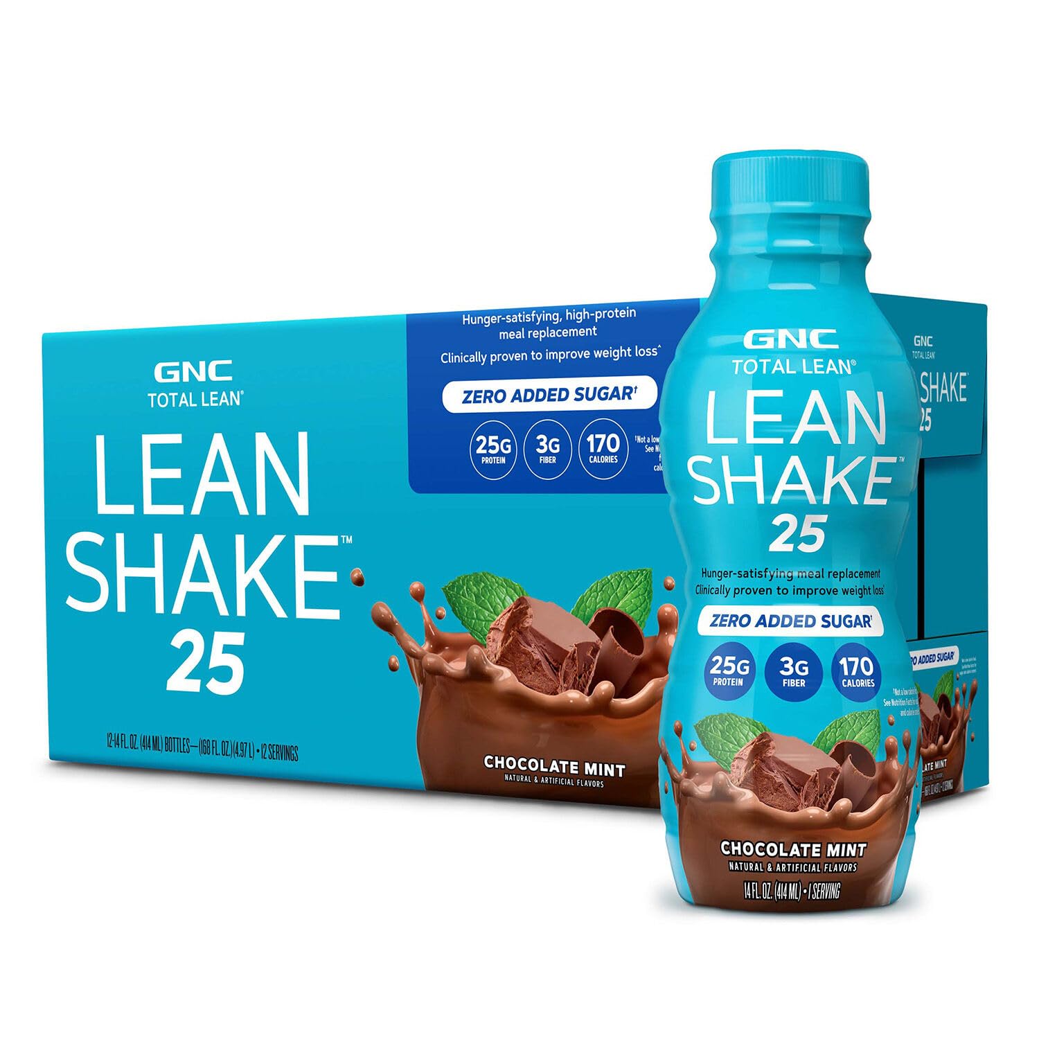 GNC Lean Shake 25 Protein Shake - 25g Protein, Zero Added Sugar, Clinically Proven Weight Management & Meal Replacement, Ready-to-Drink Chocolate Mint Flavor (Pack of 12) - Perfect for Post-Workout Recovery, Weight Loss & Busy Lifestyle Nutrition