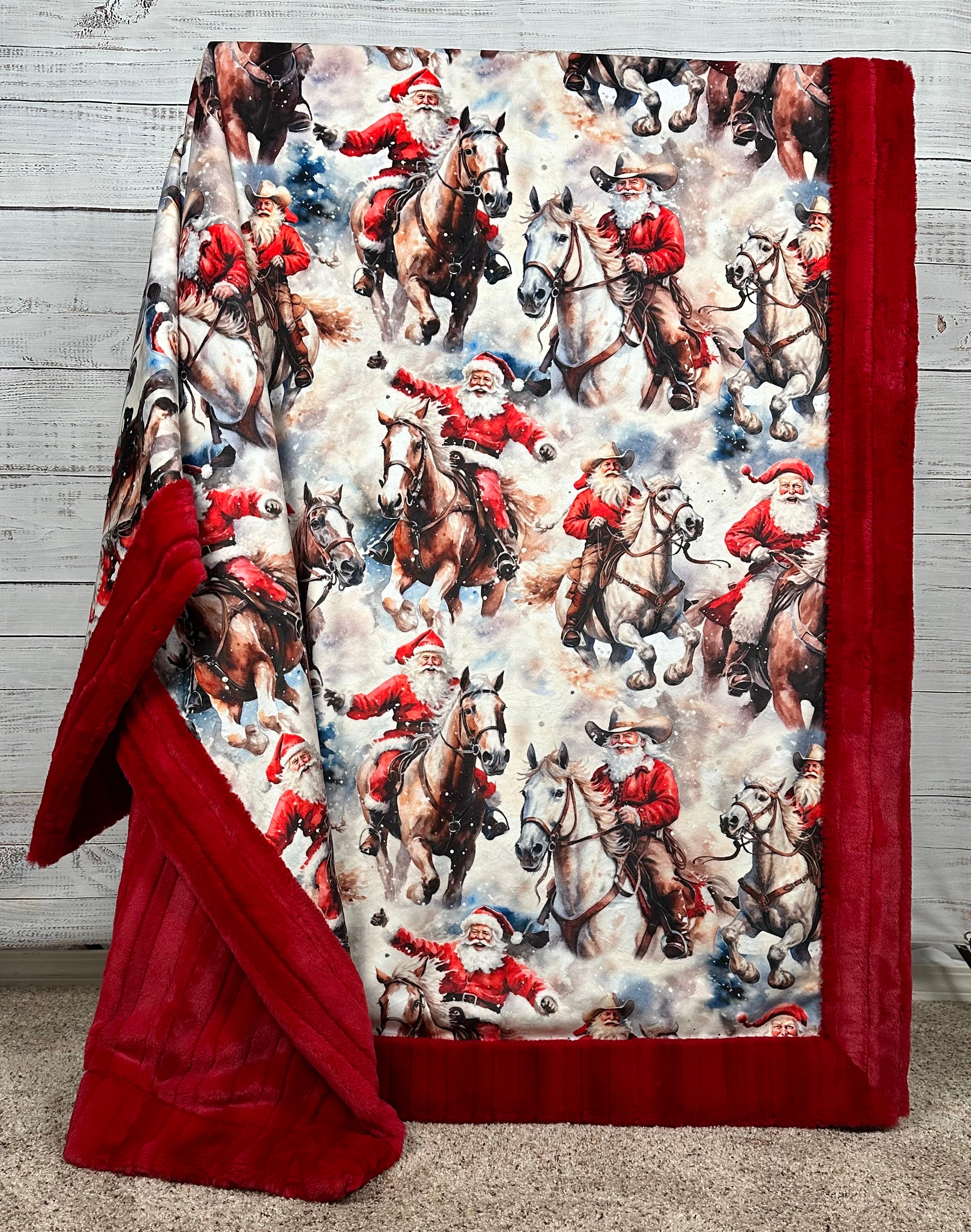 Red Luxe Cowboy Santa Minky Blanket 39x59 - Soft Throw for Kids & Adults with Pillowcase - Perfect for Christmas Gifts, Cozy Bedding & Holiday Decor