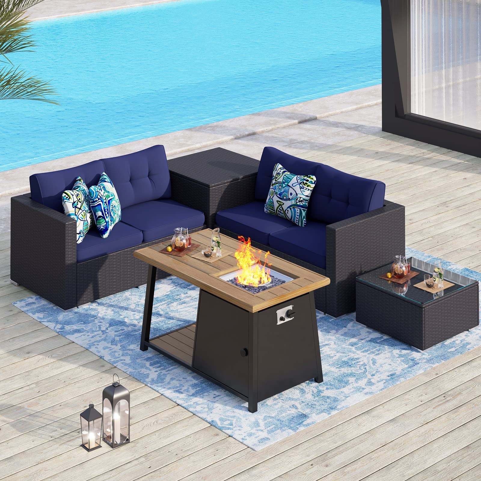 5-Piece Outdoor Wicker Patio Furniture Set with Fire Pit - Navy Blue Conversation Set Includes 2 Loveseats, Coffee Table, Storage Box & 46-Inch Propane Gas Fire Pit - Perfect for Backyard, Garden, Poolside & Outdoor Entertaining