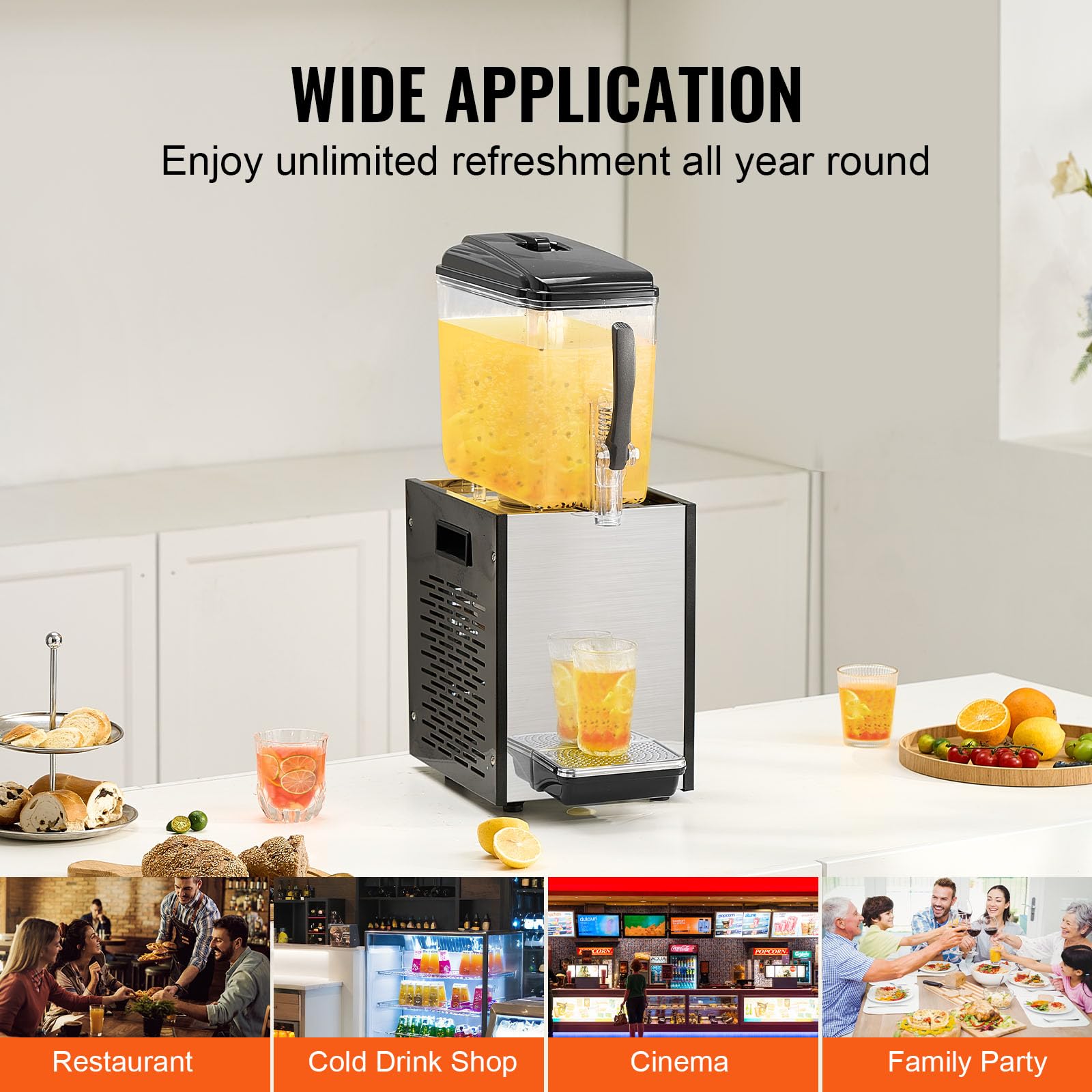 VEVOR 12L (12.7QT) Commercial Beverage Dispenser - 304 Stainless Steel Food Grade Juice & Iced Tea Machine with 45°F-54°F Cooling - Perfect for Restaurants, Bars, Parties & Catering Events - Cold Drink Dispenser for Lemonade, Iced Coffee & Cocktails