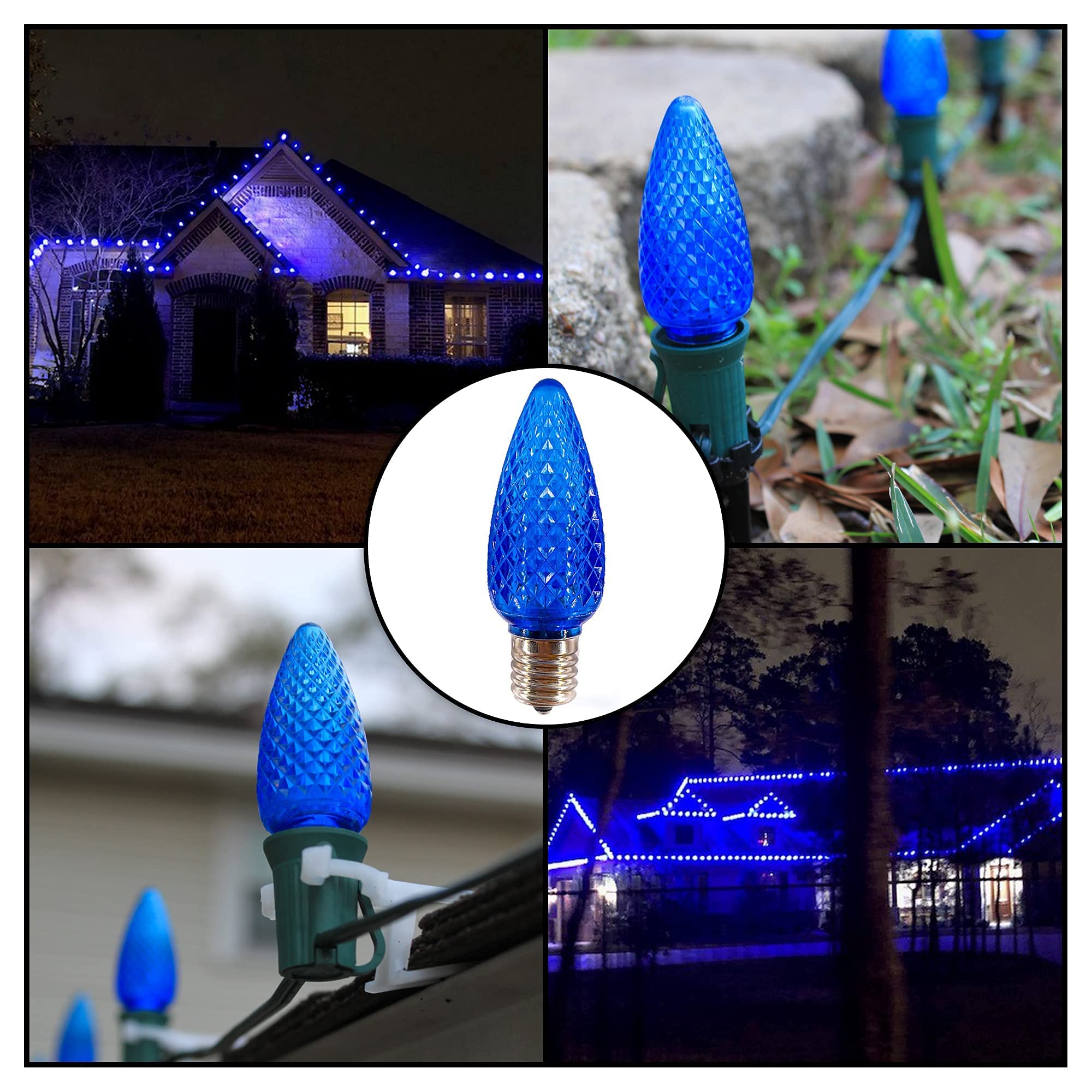 MIK Solutions C9 LED Replacement Bulbs - Pack of 25 Blue Faceted Christmas Lights, E17 Socket Candle Shape Bulbs for Holiday Decorations, Roof Lights, and Commercial Displays